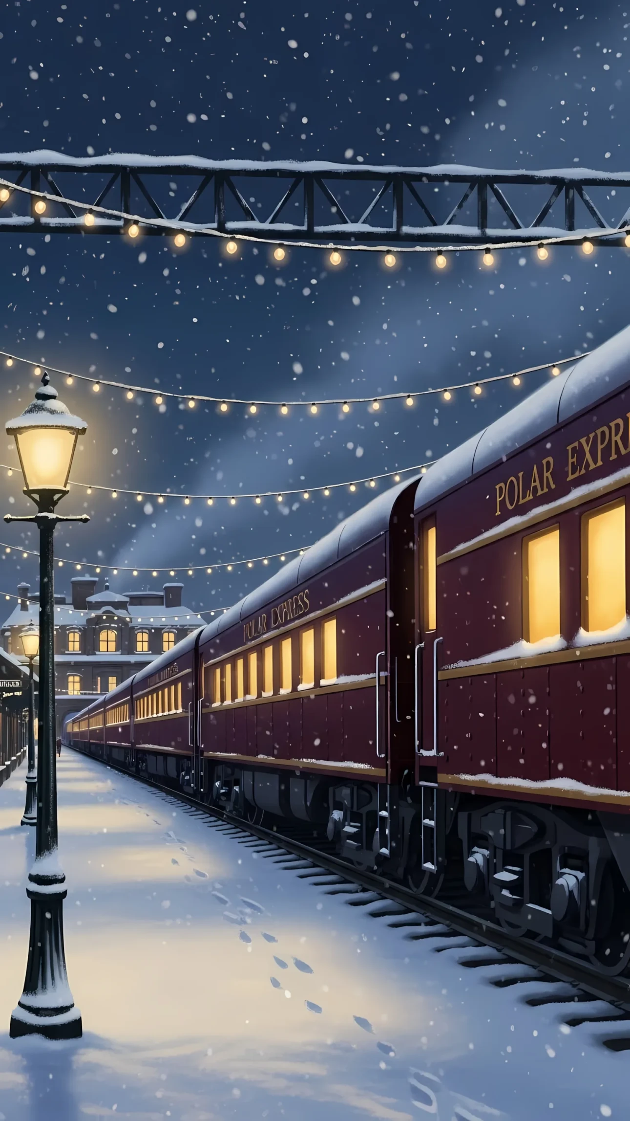 Capture the magic with this evocative illustration of the Polar Express in winter. Ideal for holiday cards, seasonal marketing, and festive designs. Ready for commercial use.