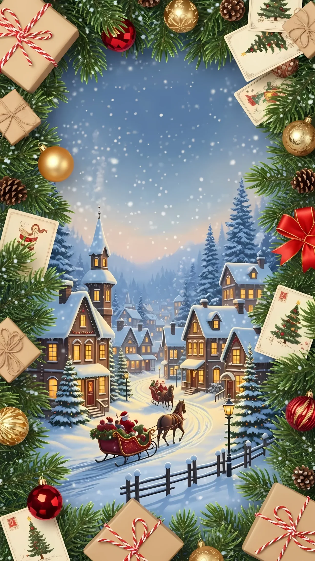 Enhance your holiday designs with this charming winter village illustration featuring Santa's sleigh. Perfect for creating heartwarming Christmas cards and festive digital art.