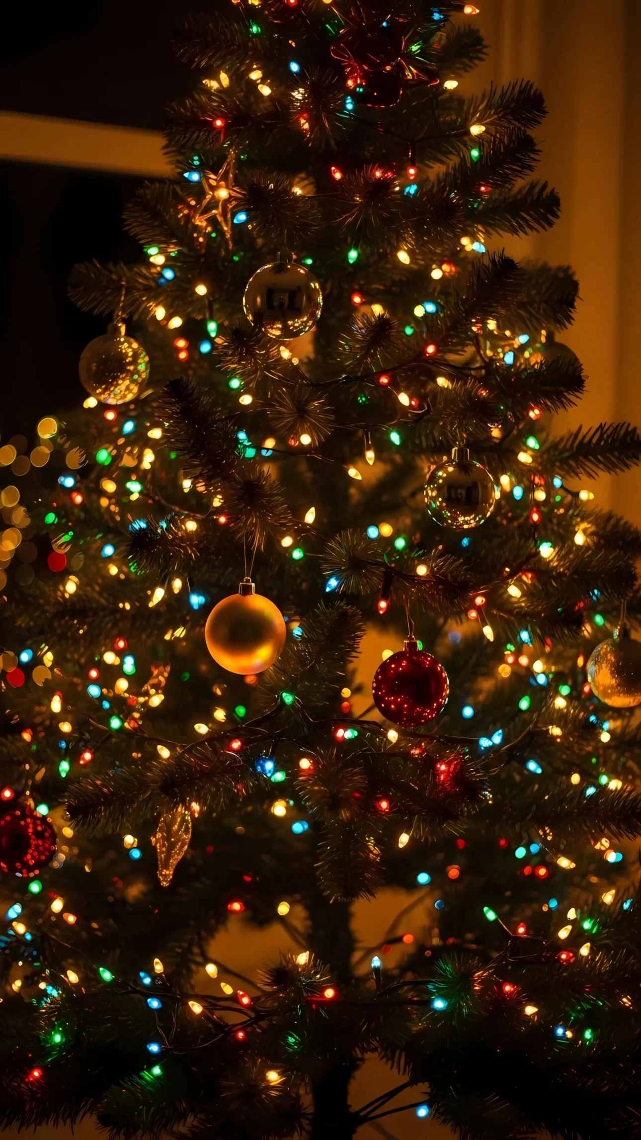 Enhance your holiday designs with this festive Christmas tree image featuring vibrant lights and ornaments. Perfect for creating heartwarming seasonal content.