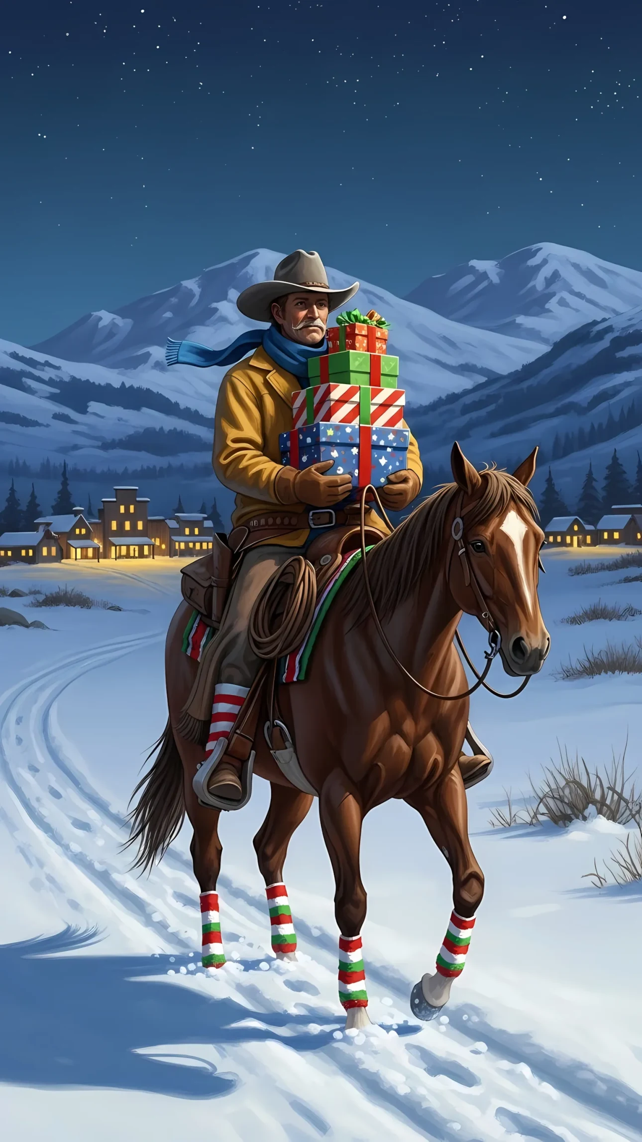 Elevate your holiday projects with this charming cowboy illustration, delivering Christmas gifts on horseback through a snowy town. Perfect for festive designs.
