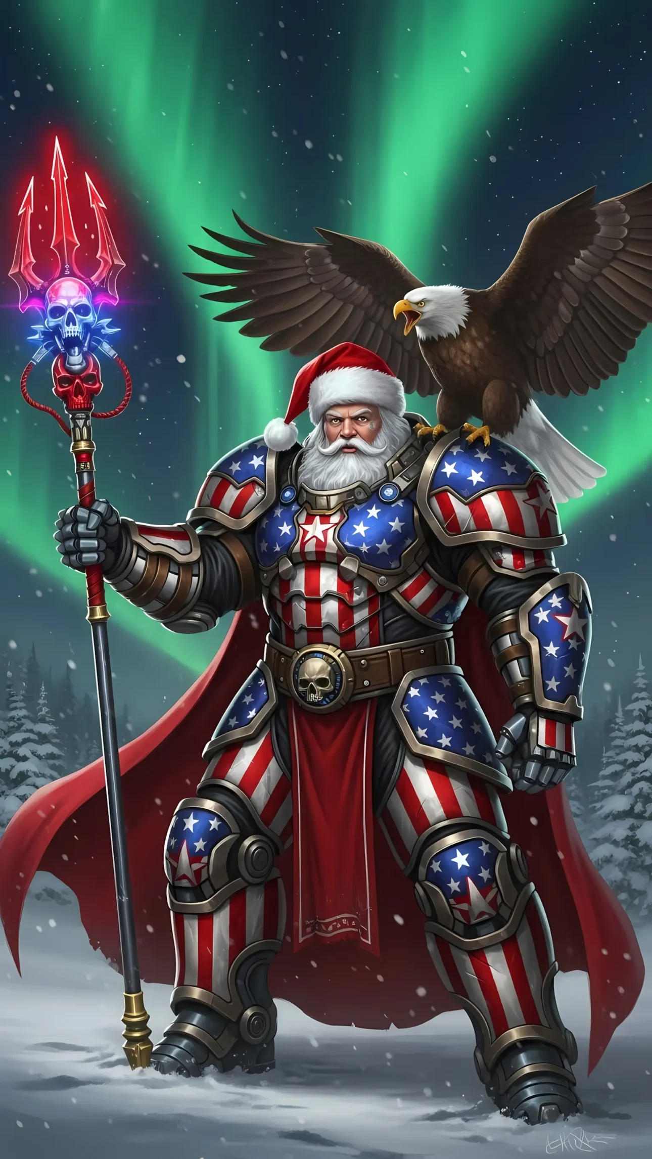 Enhance your designs with this unique Santa Claus illustration in American flag armor, featuring an eagle and trident. Perfect for holiday-themed patriotic projects.
