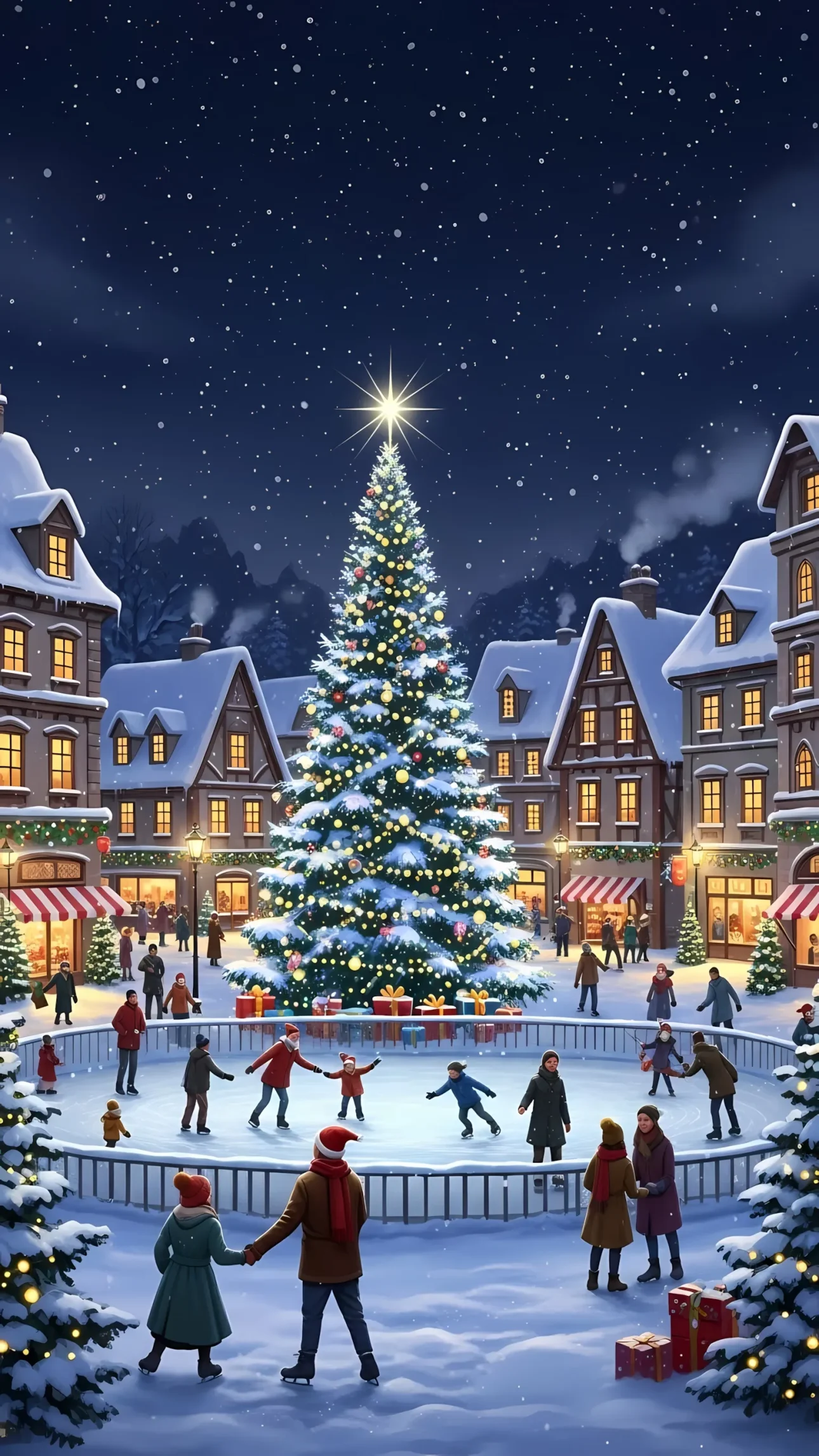 Enhance your holiday designs with this charming Christmas village illustration, featuring ice skaters and a decorated tree. Perfect for seasonal campaigns and festive projects.