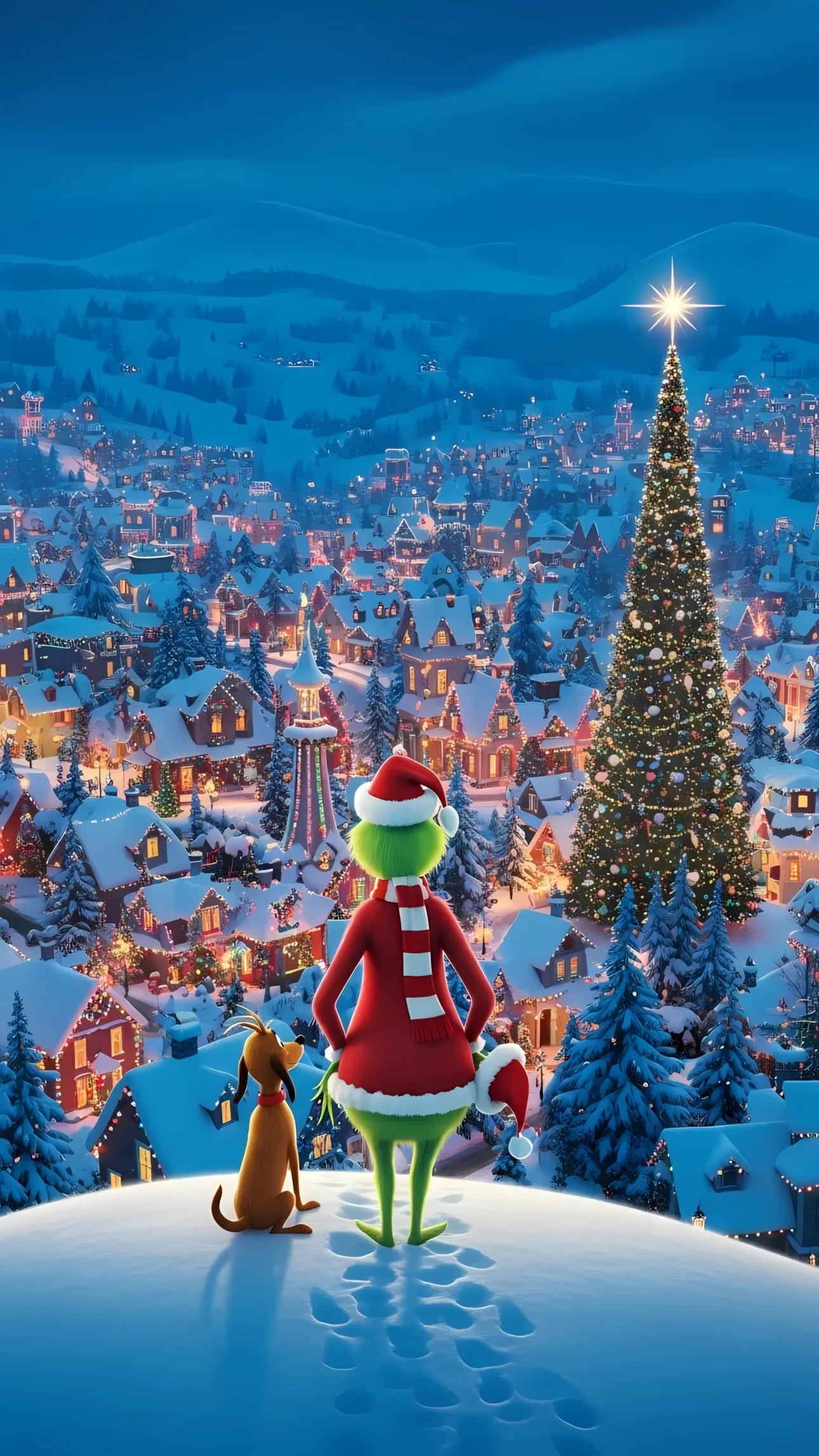 Experience the magic of Christmas with this charming illustration of the Grinch and Max overlooking a festive town. Perfect for holiday-themed designs.