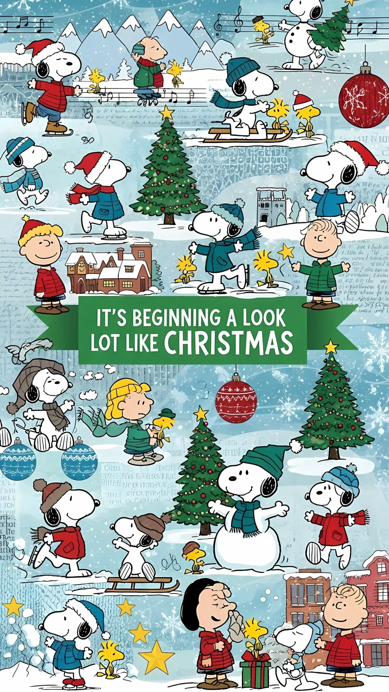 Enhance your holiday projects with this charming Peanuts illustration featuring Snoopy and the gang enjoying a winter Christmas, perfect for festive designs.