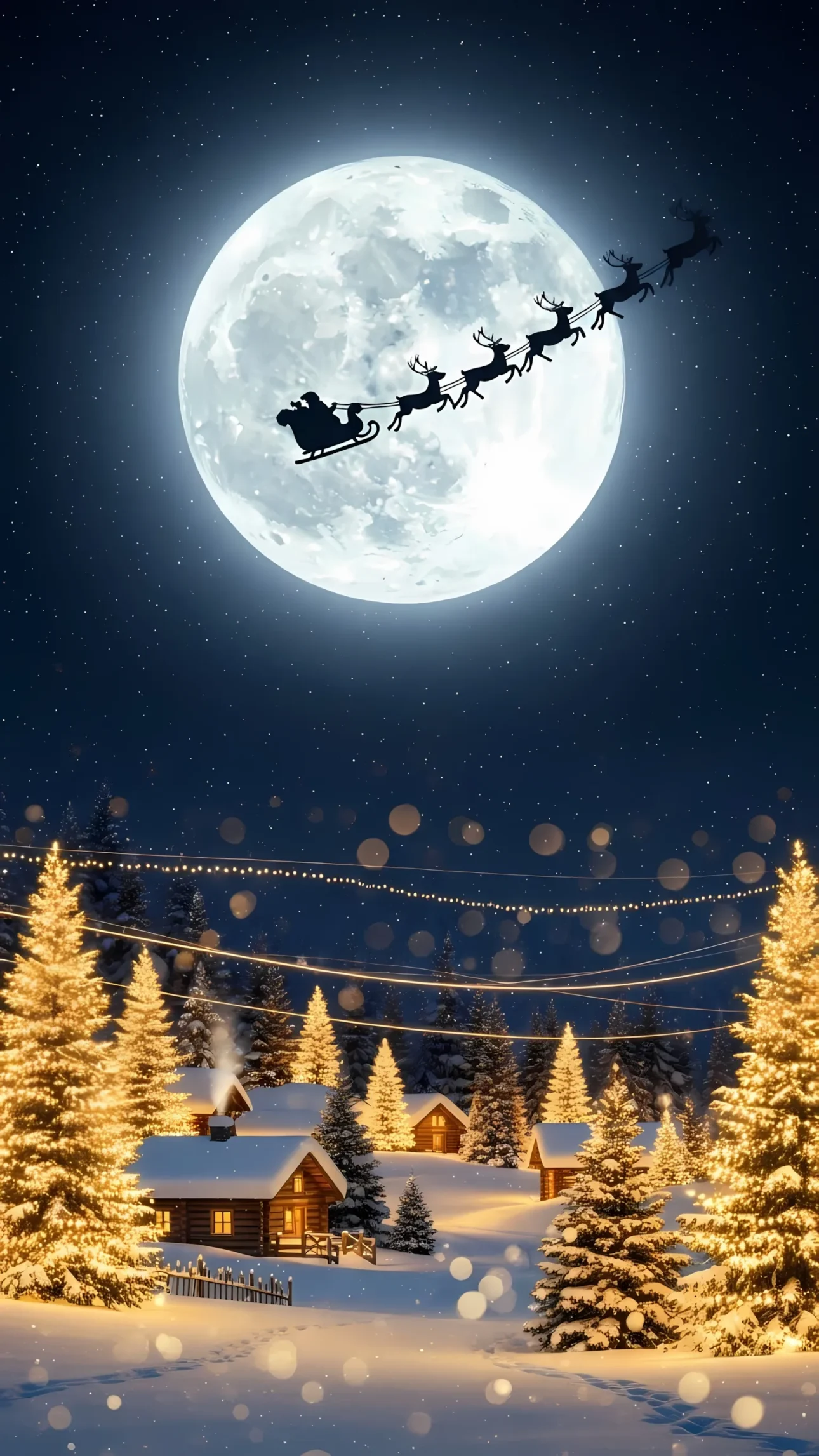Elevate your holiday designs with this enchanting scene featuring Santa's sleigh silhouetted against a full moon. Perfect for premium Christmas projects.