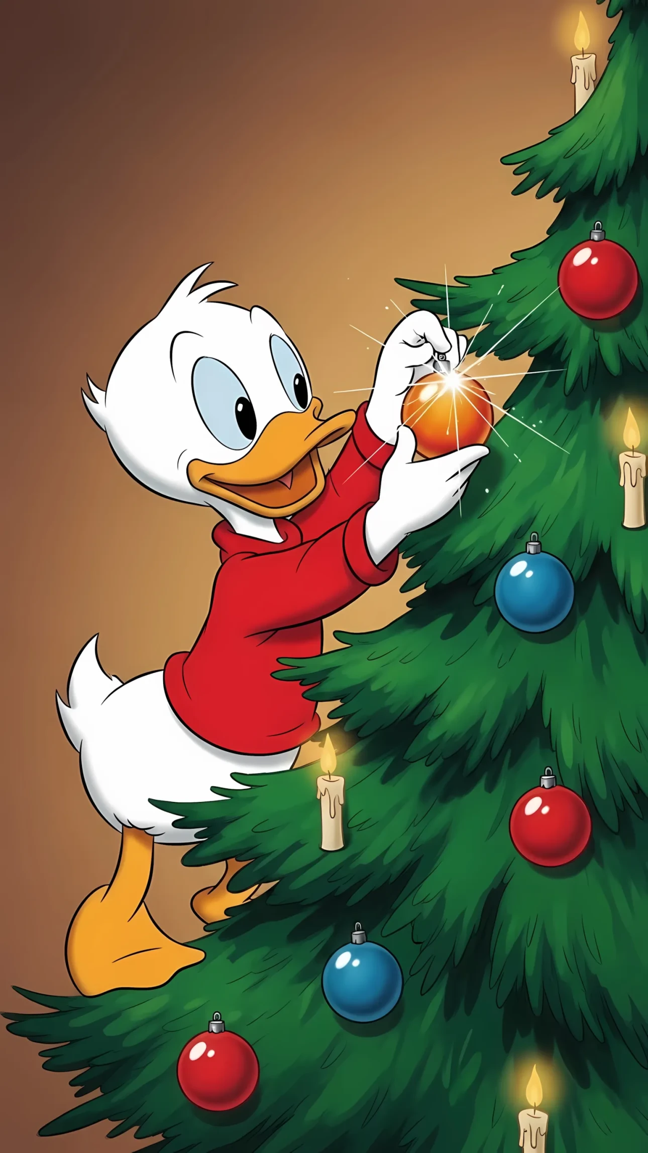 Elevate your holiday designs with this charming cartoon duck decorating a Christmas tree, a premium design asset for festive projects.