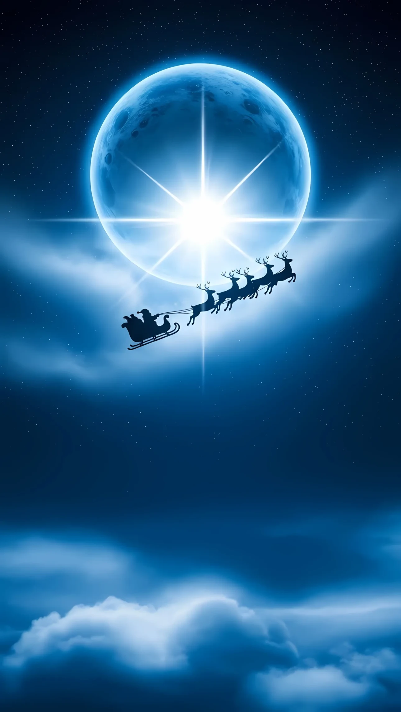 Capture the magic with this Santa and reindeer silhouette illustration, perfect for holiday cards and winter-themed designs. Ready for commercial projects.