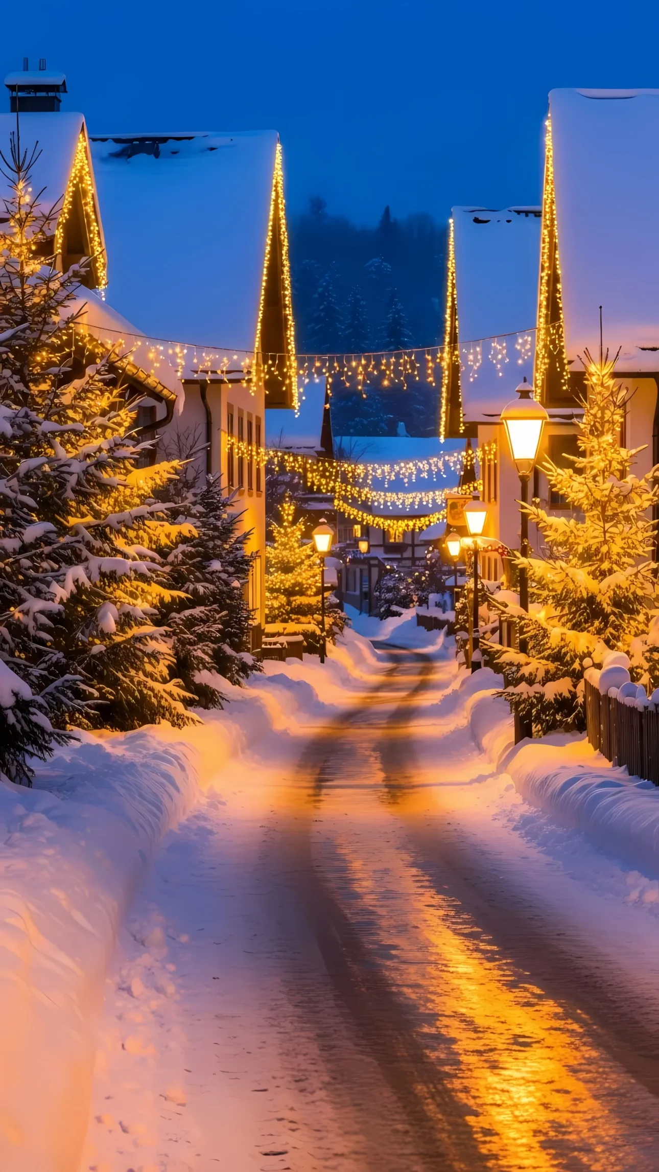 Capture the magic of a winter wonderland with this charming village scene featuring snow-covered houses and festive lights. Perfect for holiday-themed projects.