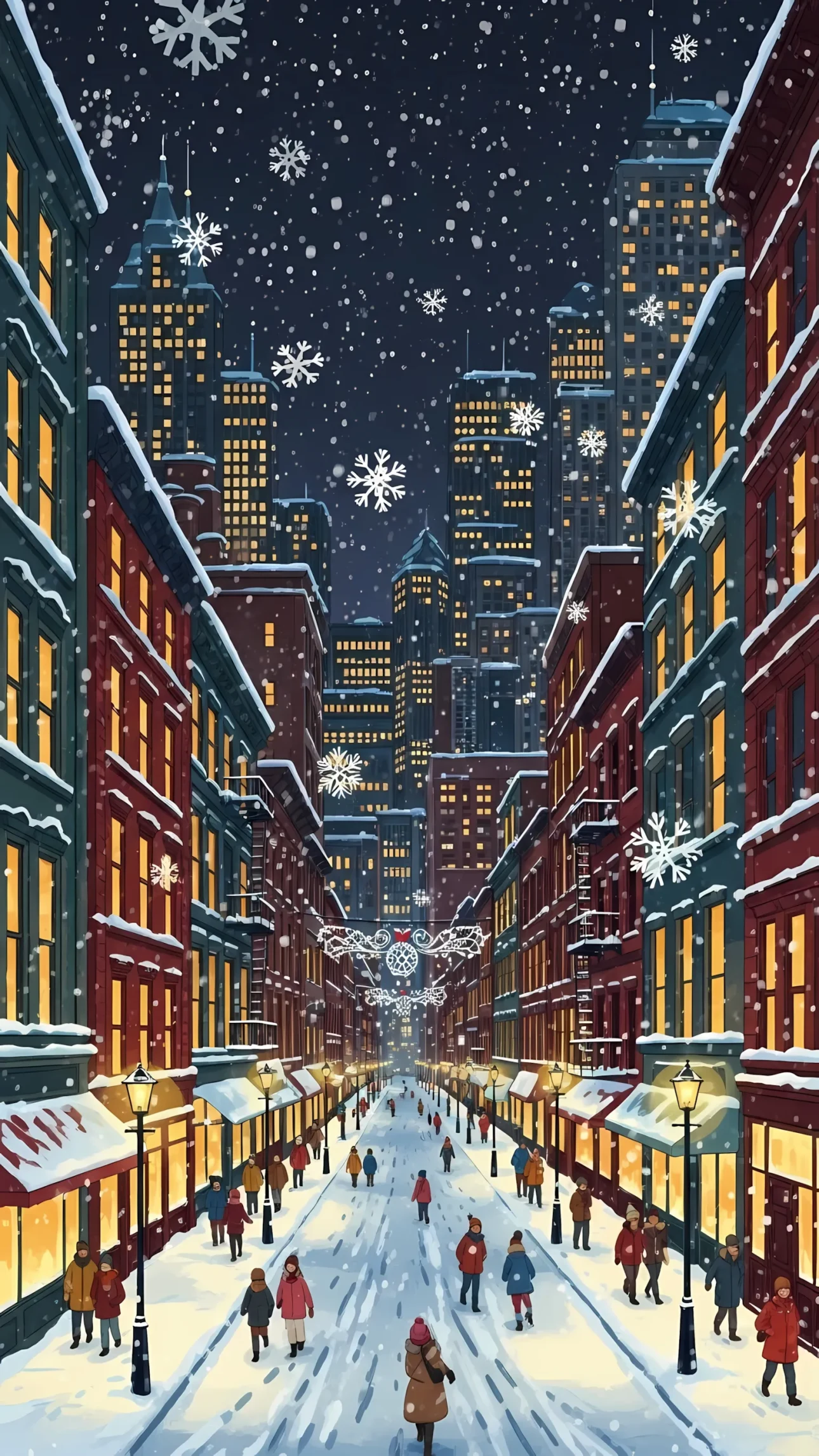 Enhance your holiday projects with this charming city street illustration featuring falling snow and festive decorations. Perfect for seasonal greeting cards and winter promotions.