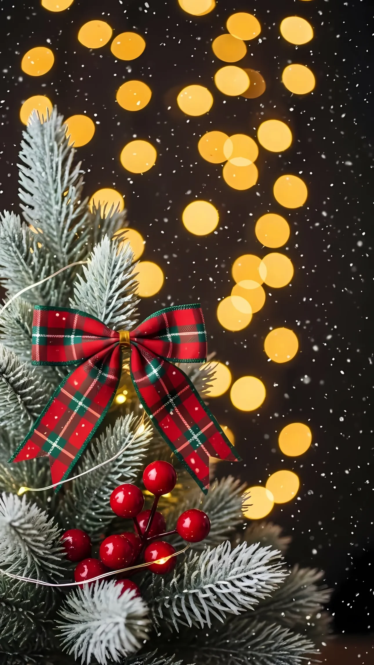 Elevate your holiday designs with this festive Christmas tree featuring a classic plaid bow and bright red berries. Perfect for seasonal marketing materials.