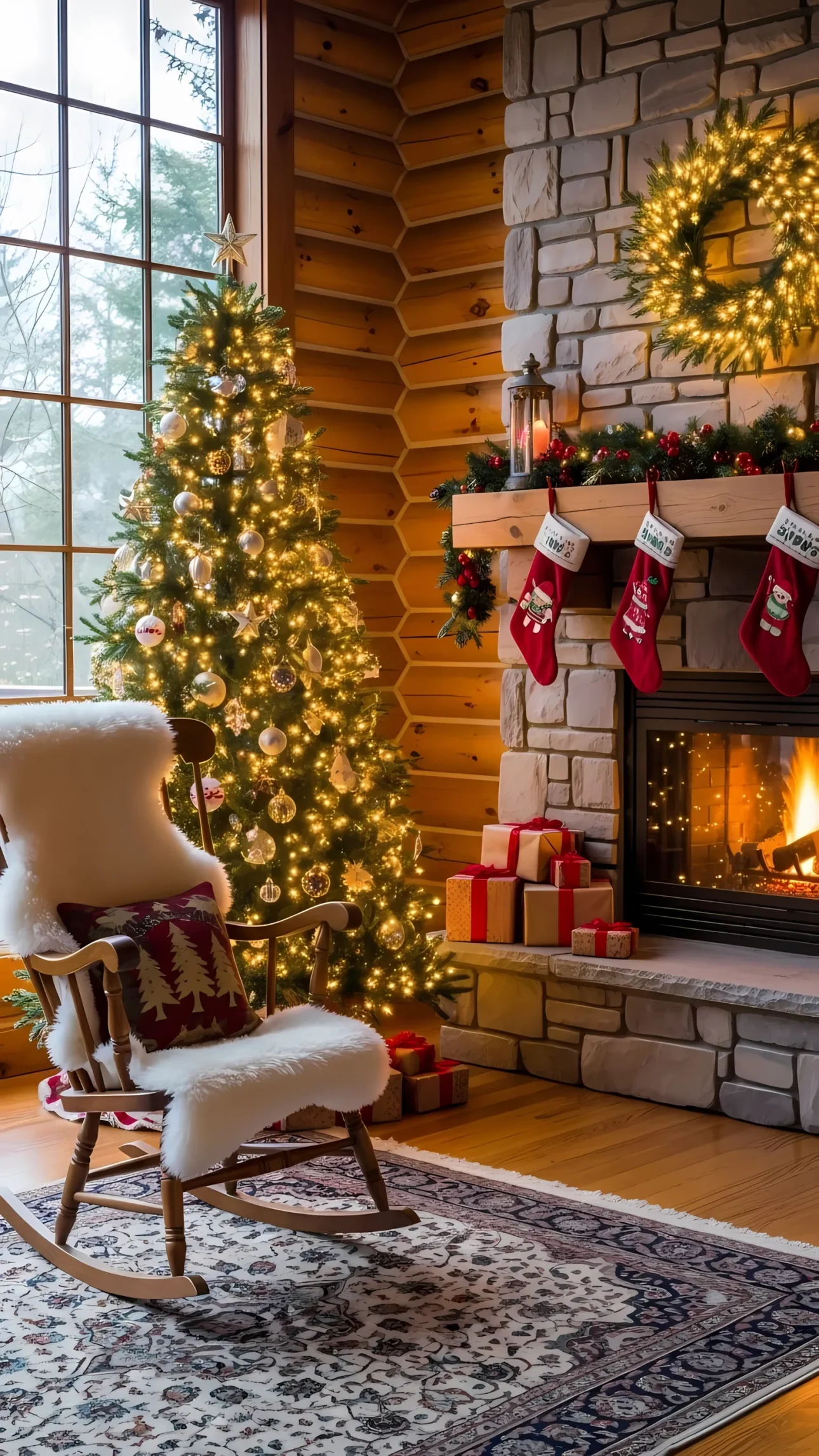 Evoke holiday warmth with this Christmas cabin scene featuring a decorated tree and fireplace. Ideal for seasonal campaigns and festive designs.