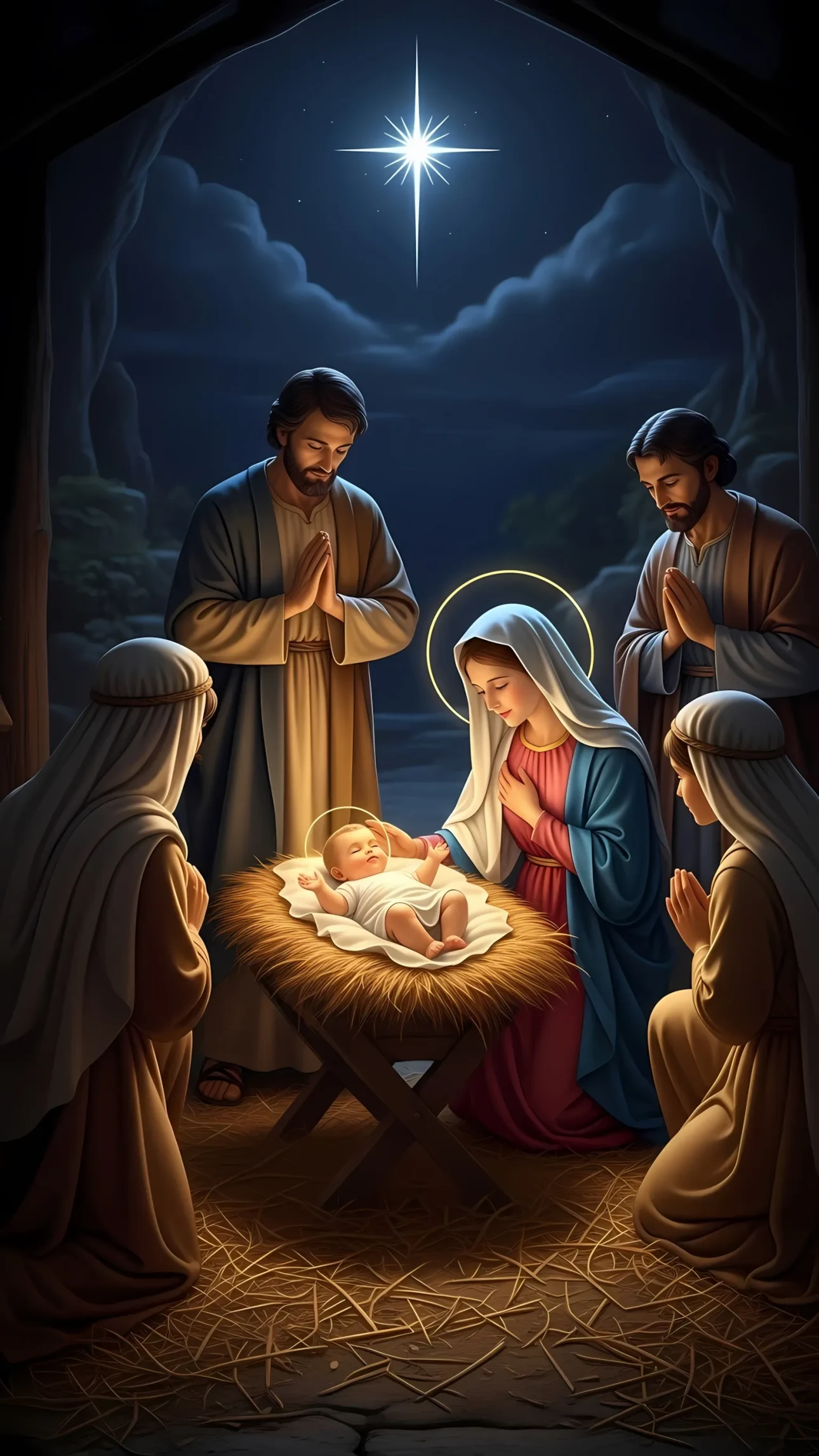 Experience the serene Nativity scene with Mary, Joseph, and baby Jesus. A premium design asset, perfect for evoking peace and reverence this season.