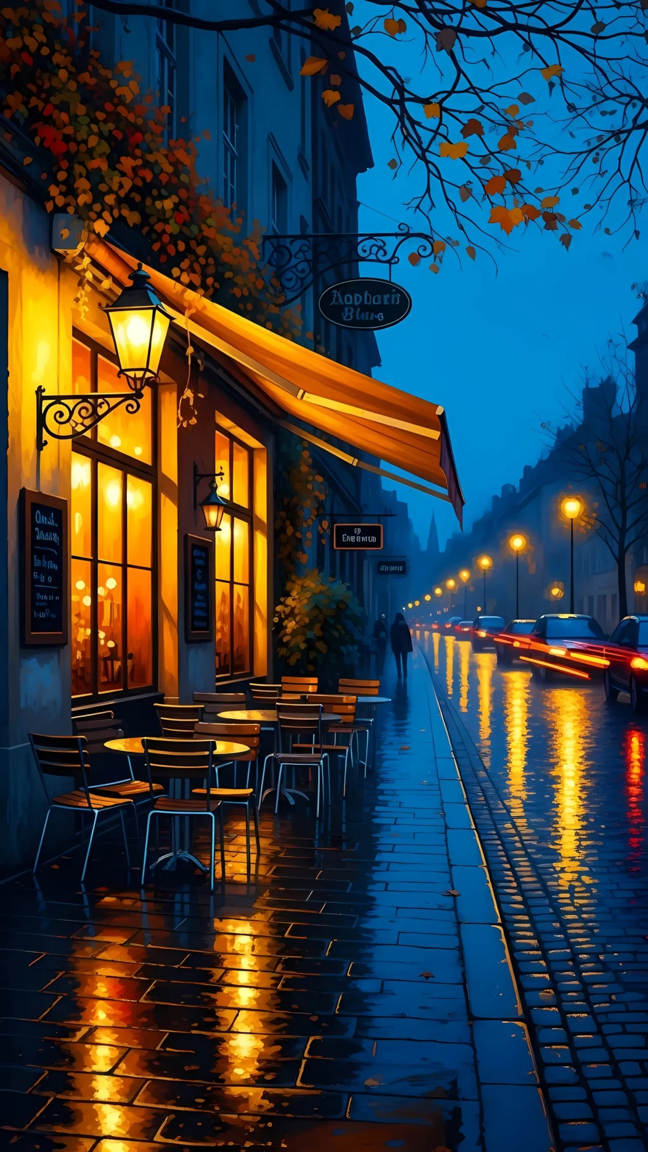 Elevate your designs with this atmospheric cafe scene featuring vibrant reflections on a rainy night. Perfect for adding warmth and depth to your projects.