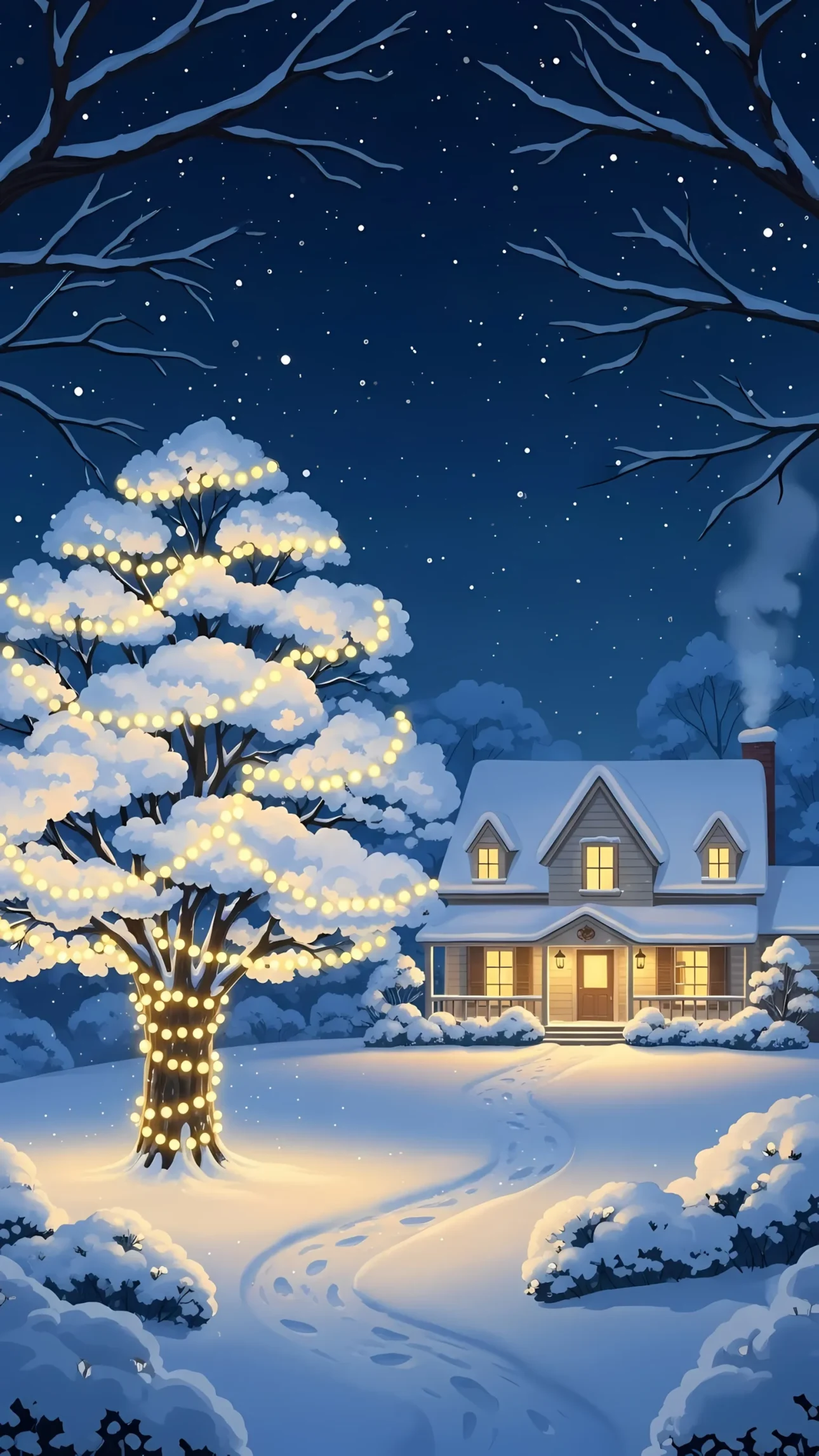 Evoke holiday warmth with this charming winter scene featuring a snow-covered house and illuminated tree. Ideal for seasonal cards and festive designs.