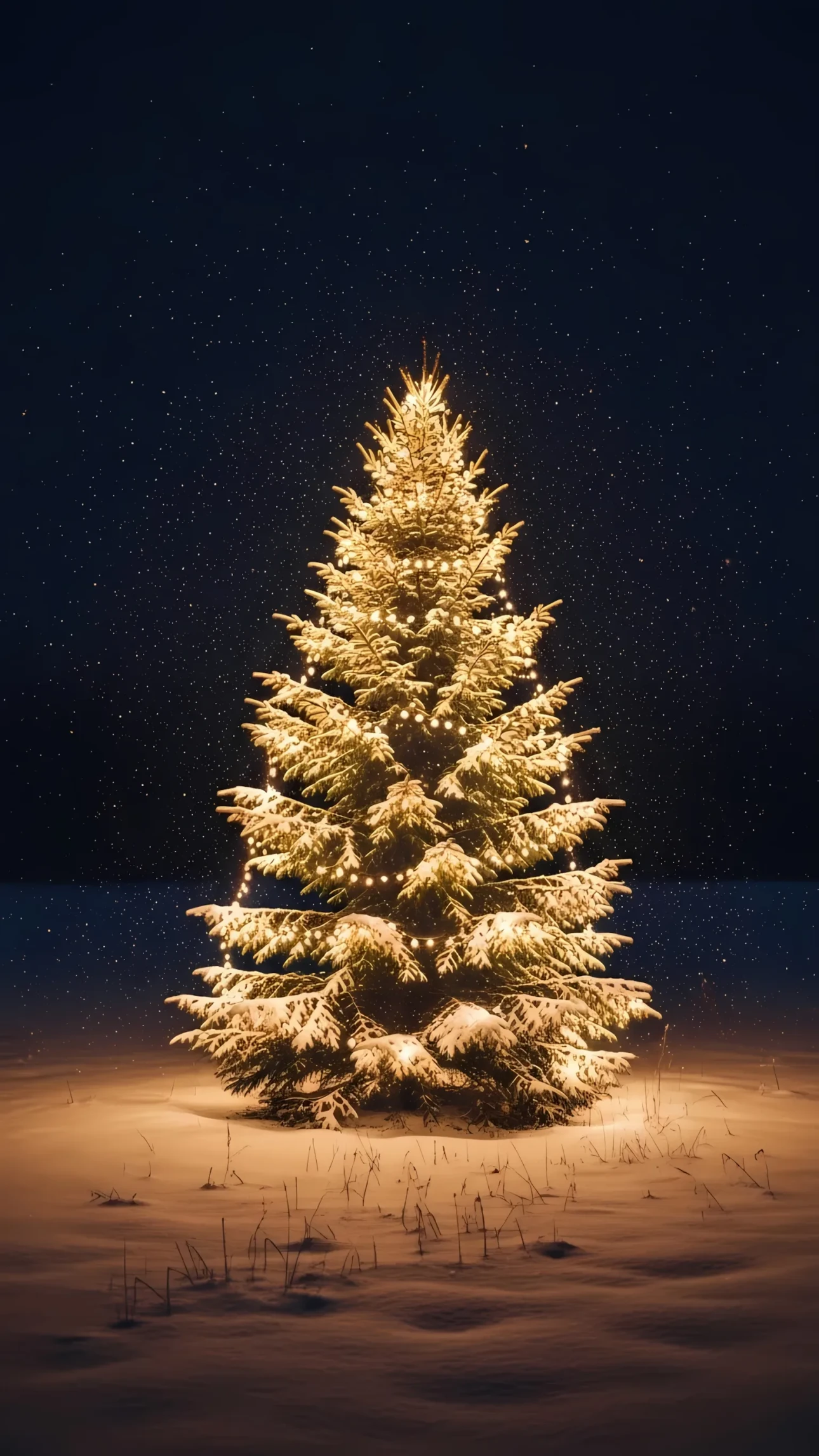 Elevate your holiday designs with this stunning Christmas tree illustration featuring a snowy landscape and twinkling lights. Perfect for high-resolution seasonal projects.