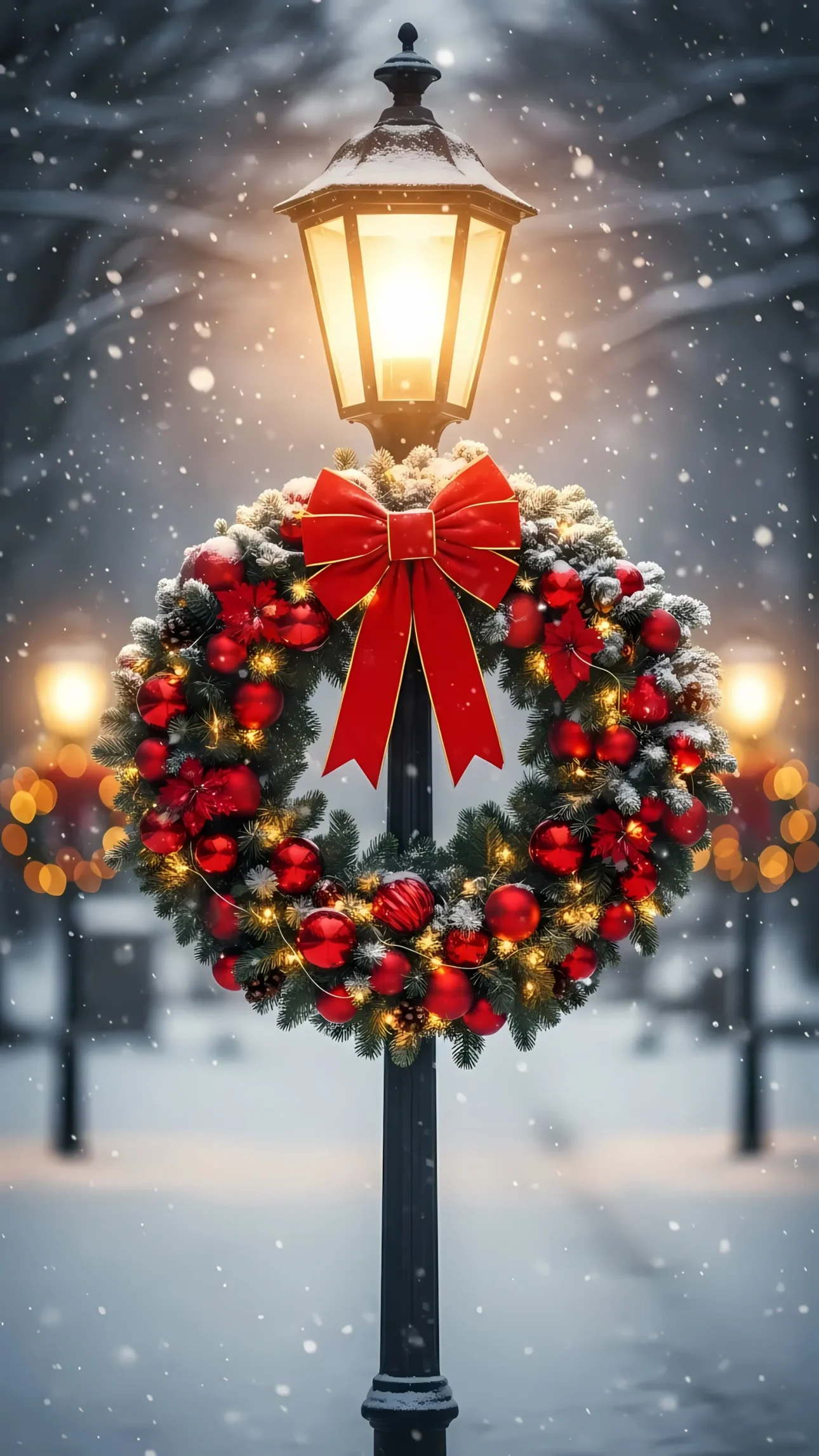 Elevate your holiday designs with this festive Christmas wreath image featuring a bright red bow and snowy ambiance. Perfect for seasonal greeting cards.