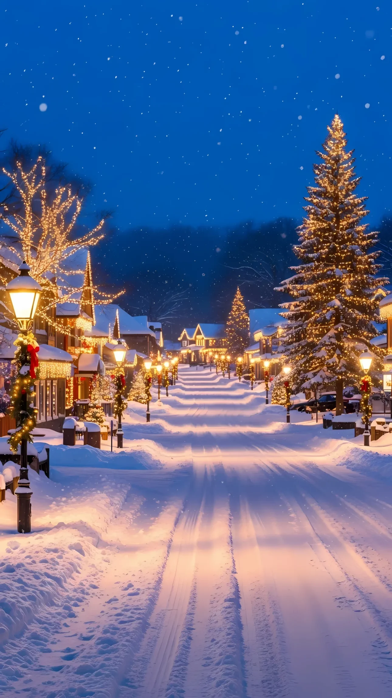 Elevate your holiday designs with this charming winter village scene featuring snow-covered streets and festive lights. Perfect for seasonal marketing campaigns.