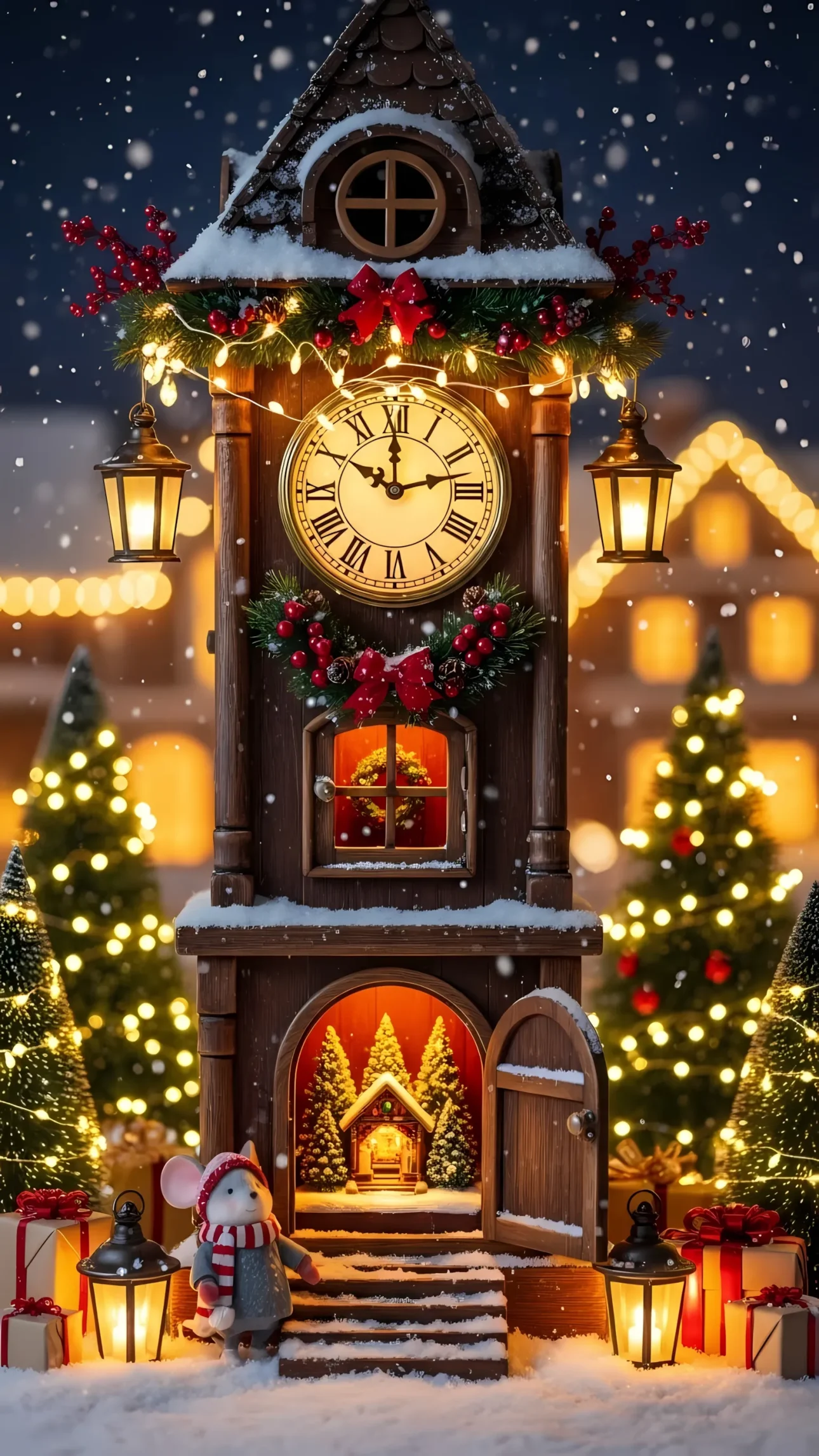 Enhance your festive designs with this charming clock tower illustration, featuring a cute mouse and snowy details. Perfect for holiday-themed projects and winter promotions.