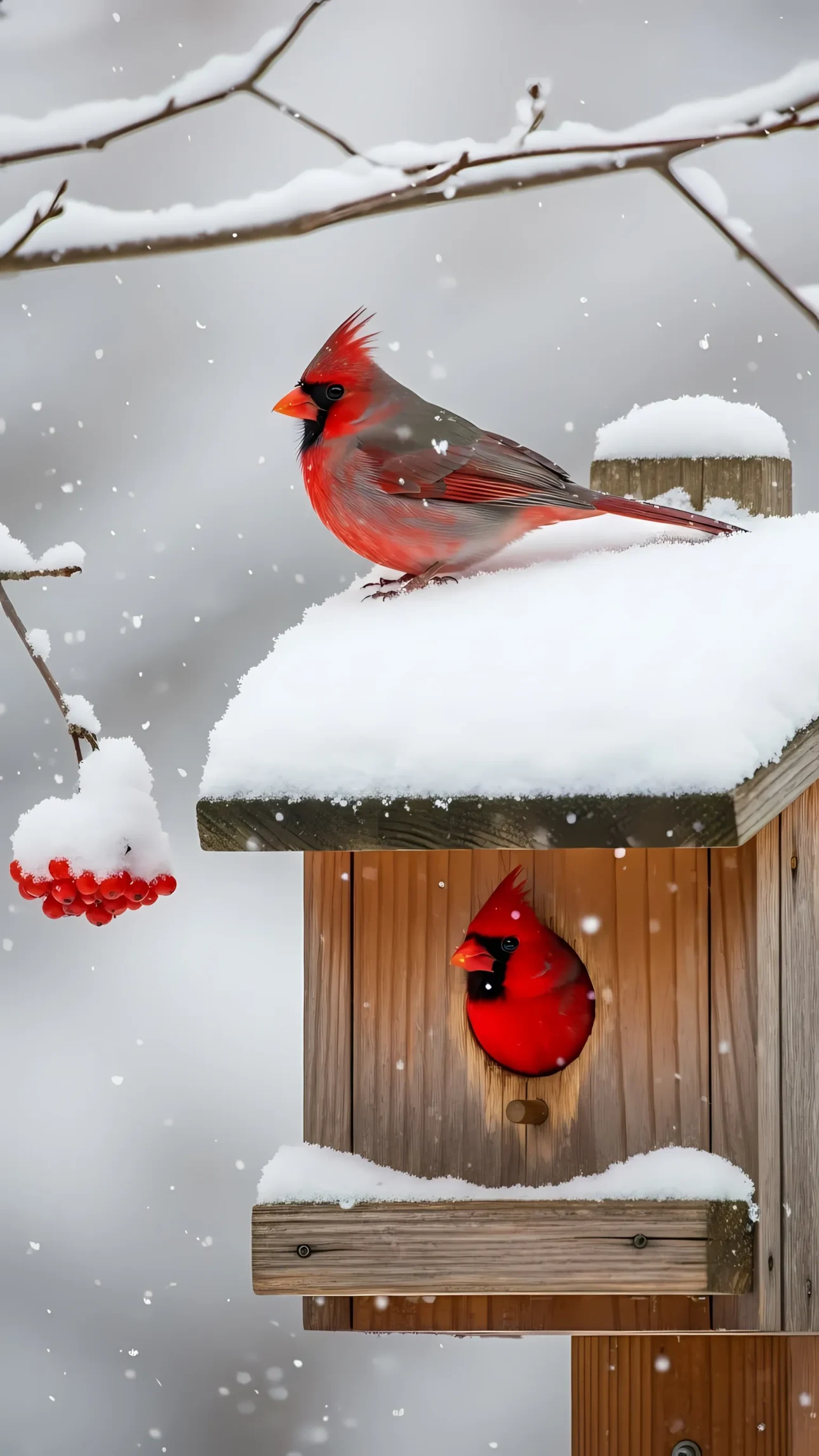 Elevate your winter designs with this image of cardinals on a snow-covered birdhouse, perfect for seasonal campaigns and nature-themed projects.