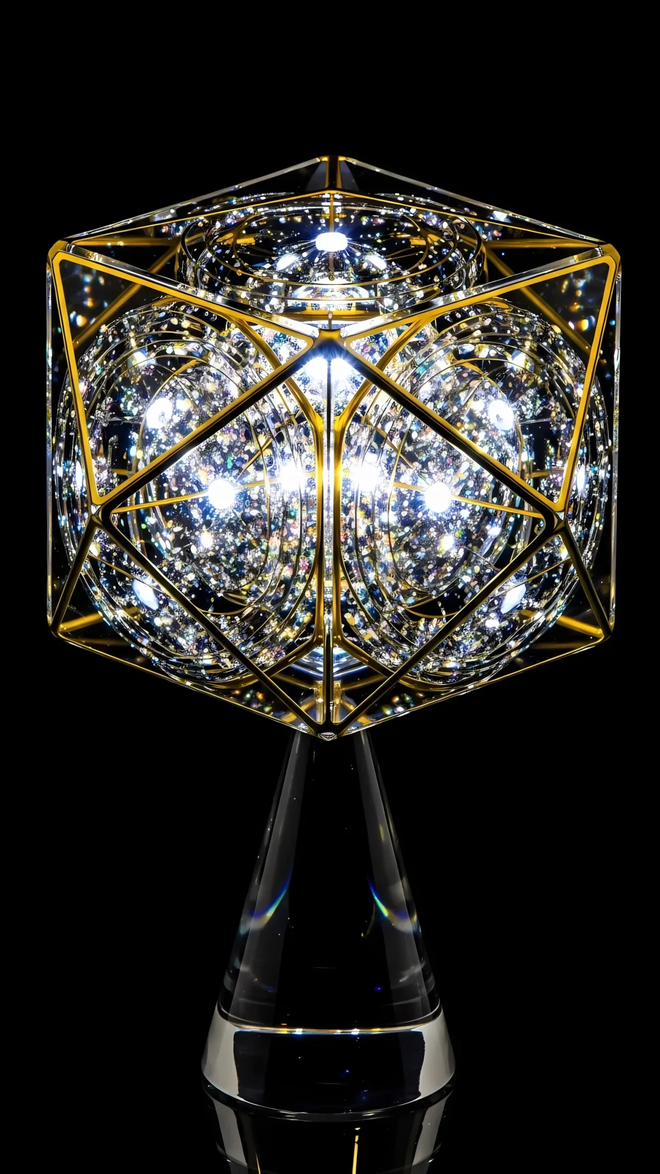 Explore this unique glass sculpture featuring intricate geometric patterns and dazzling light effects. Ideal for modern art collections and sophisticated design projects.