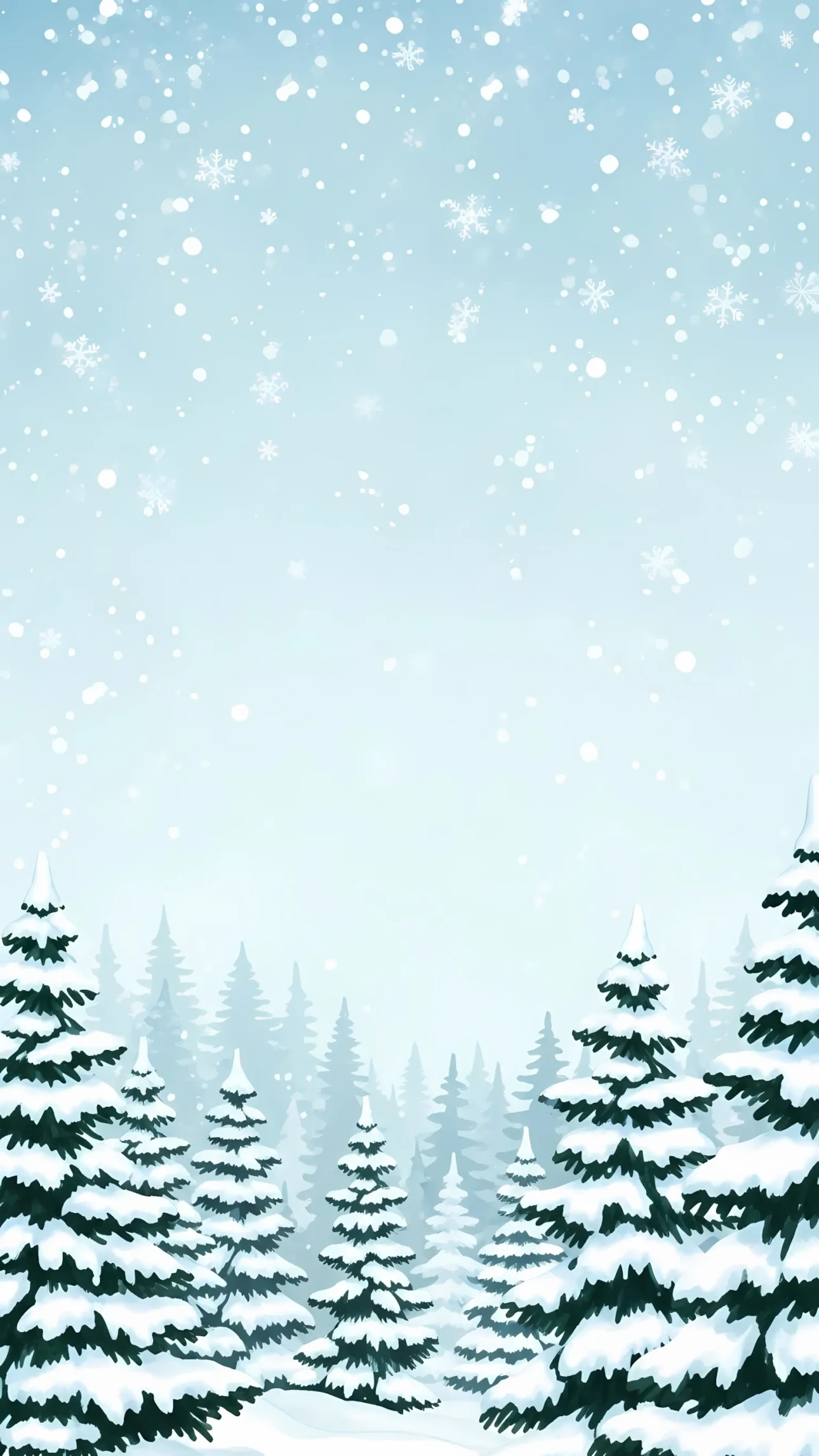 Enhance your designs with this winter scene featuring snow-covered pines and delicate snowflakes. Perfect for holiday cards and seasonal promotions.