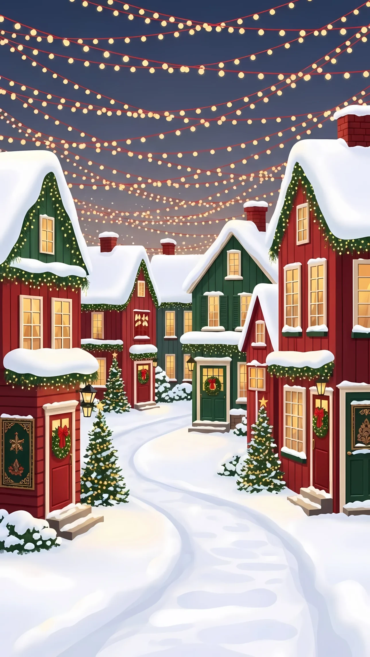Design festive holiday cards with this charming winter village illustration, featuring snow-covered houses and twinkling lights. Perfect for seasonal marketing campaigns.