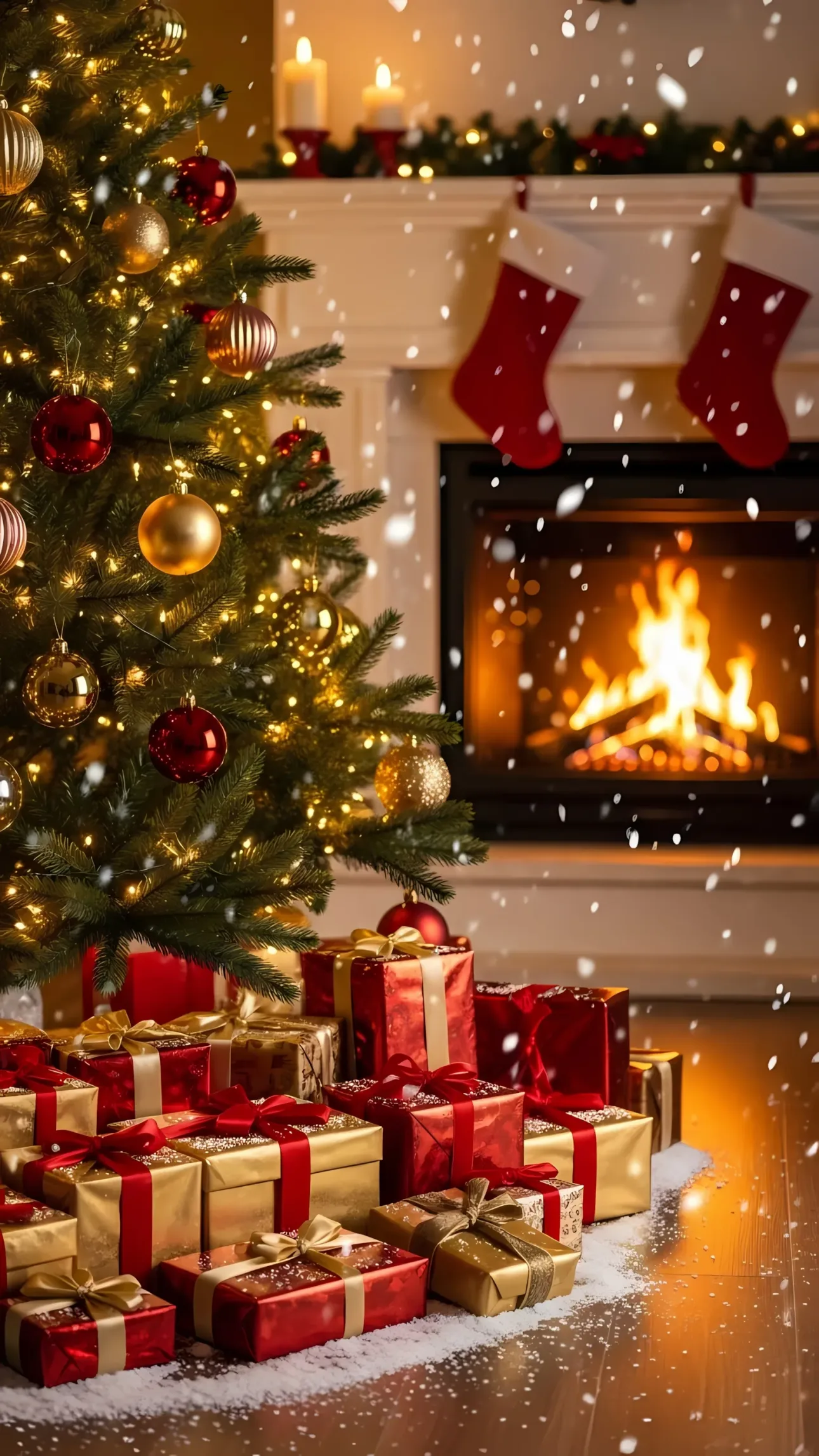 Enhance your holiday designs with this cozy Christmas scene featuring a decorated tree and fireplace. Perfect for seasonal campaigns and festive projects.