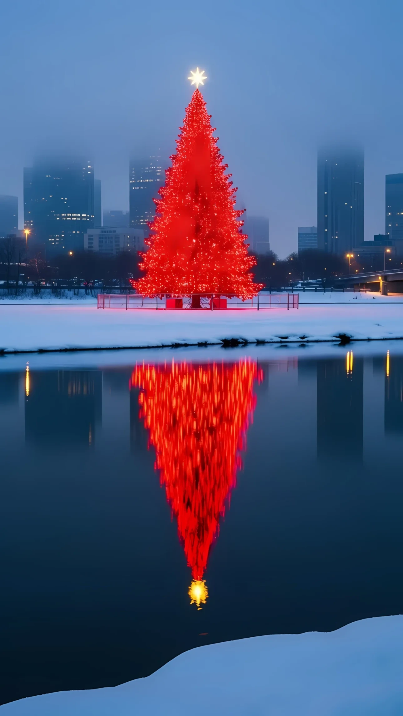 Capture the magic with this stunning image of a red Christmas tree reflected in water. Perfect for holiday promotions and winter-themed designs.