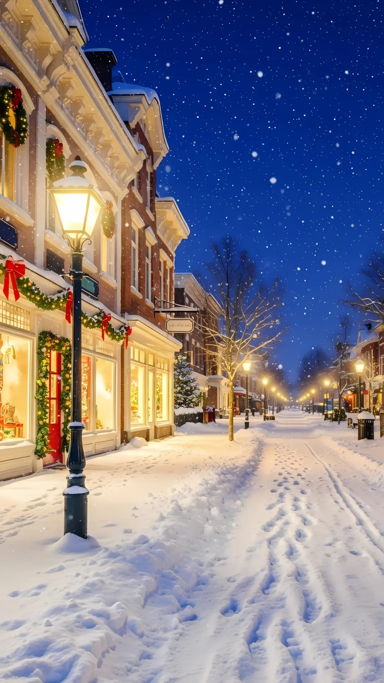 Capture the magic with this winter street scene featuring snow-covered shops and festive decor. Perfect for holiday promotions and seasonal designs.