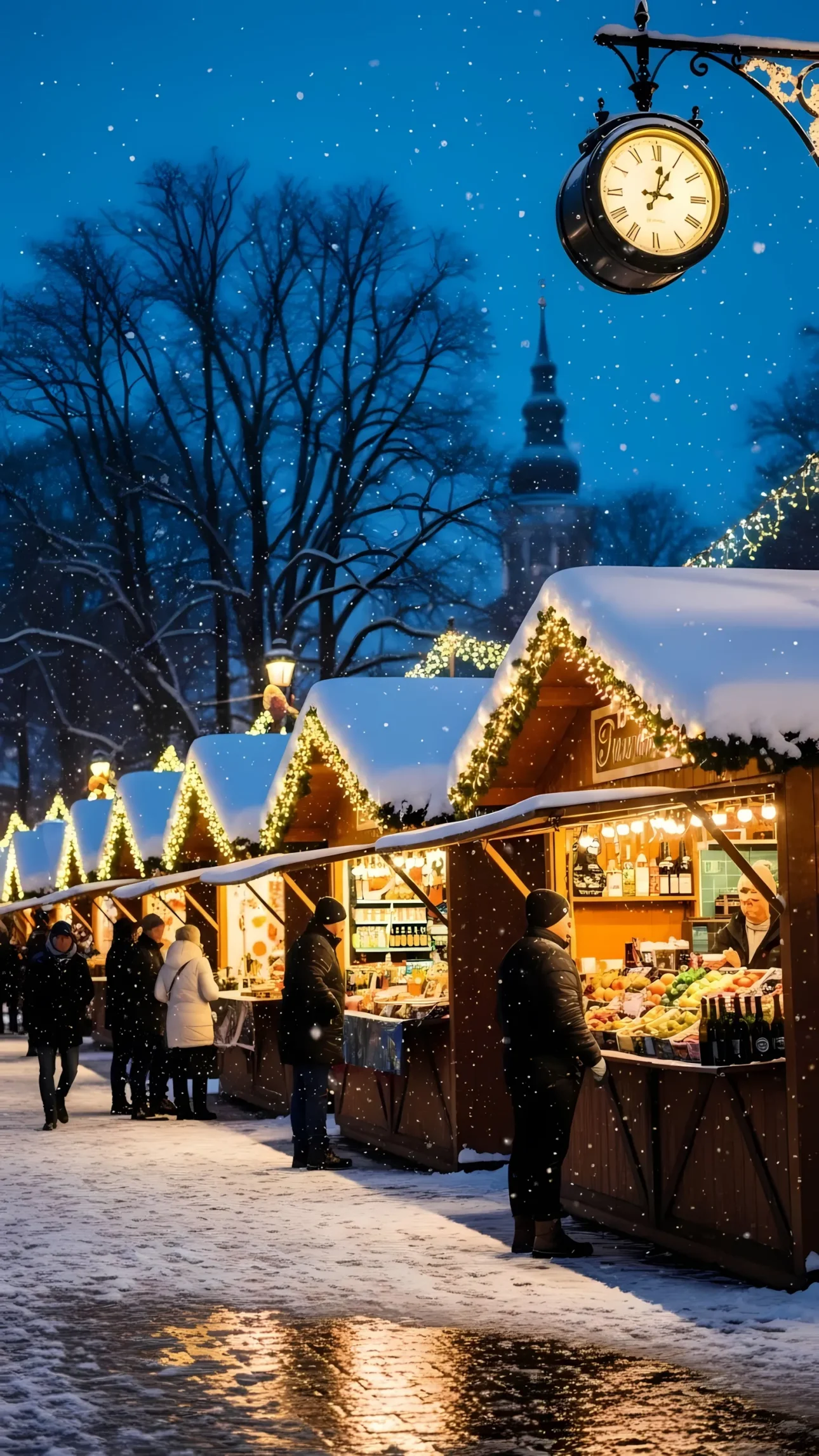 Capture the magic of a winter market with this atmospheric scene. Perfect for holiday promotions and seasonal designs, adding a touch of festive charm.