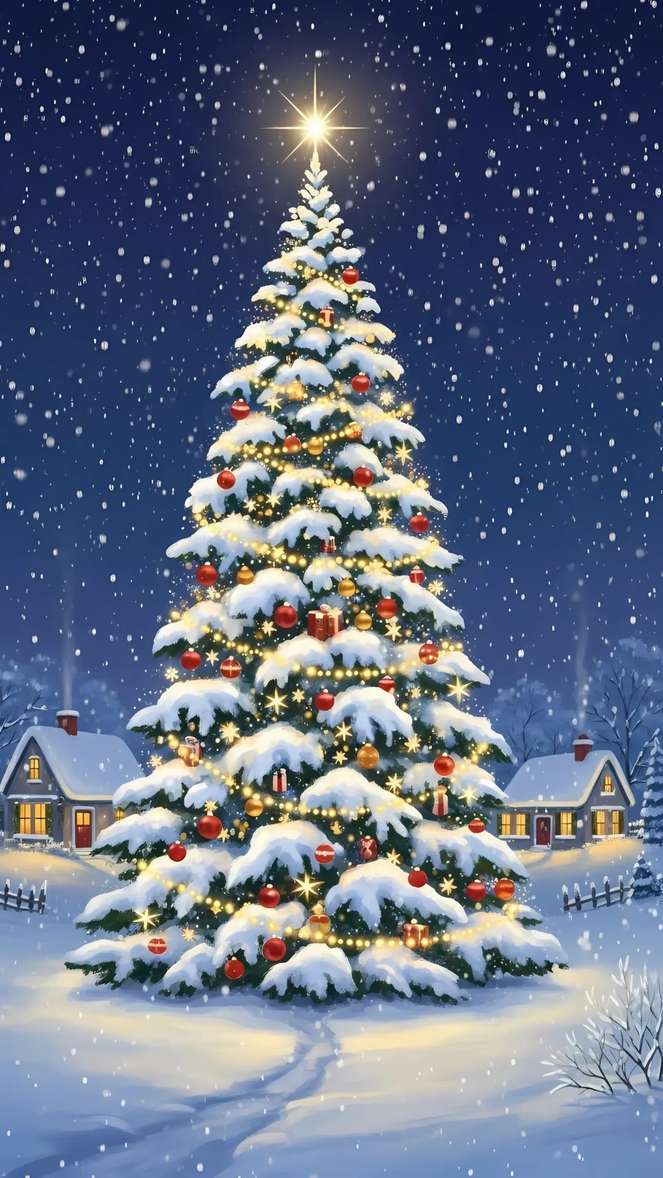 Enhance your holiday designs with this festive Christmas tree illustration featuring snow-covered branches and cozy winter scenery. Perfect for seasonal greeting cards.