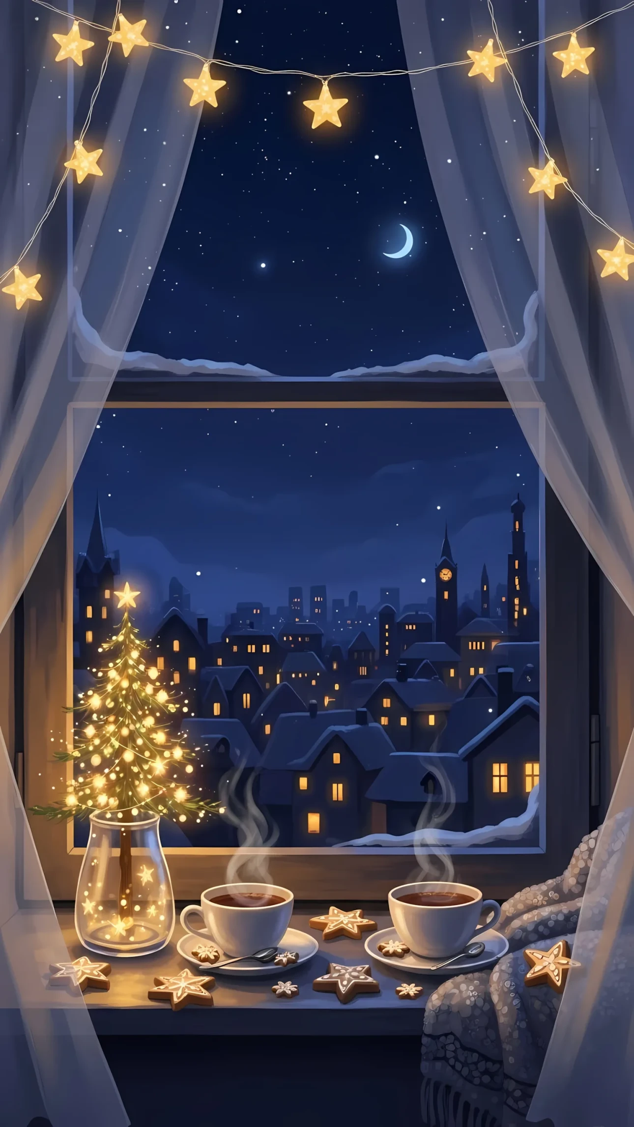 Enhance your projects with this cozy winter scene featuring a Christmas tree, hot cocoa, and a snowy cityscape. Perfect for seasonal designs and holiday promotions.