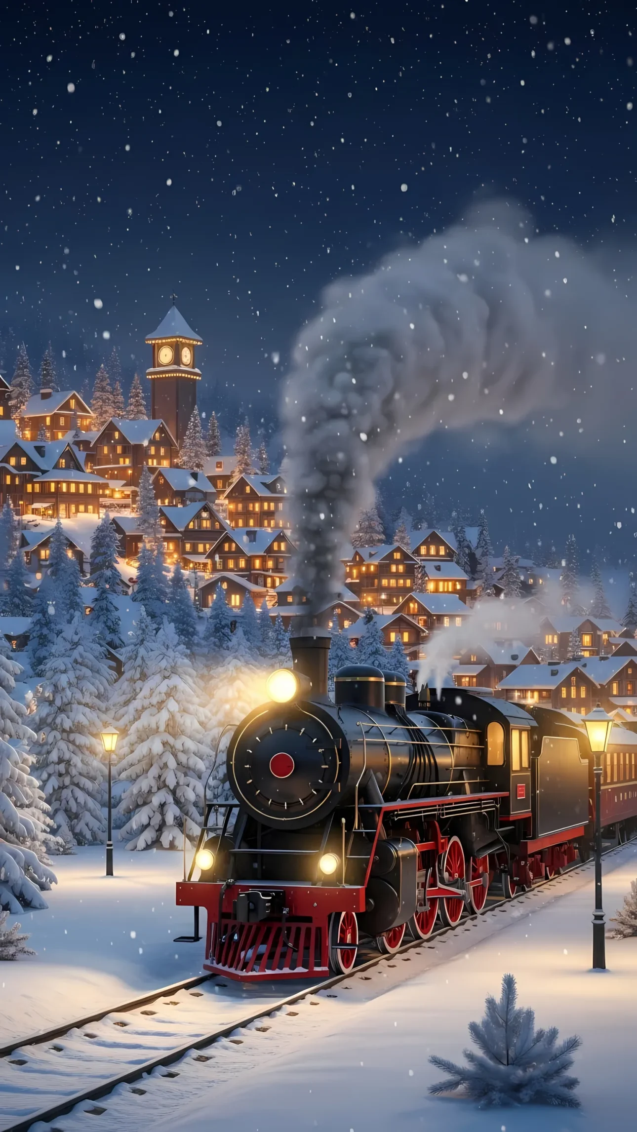 Evoke holiday cheer with this charming winter village scene featuring a classic steam train. Ideal for festive designs and seasonal promotions.