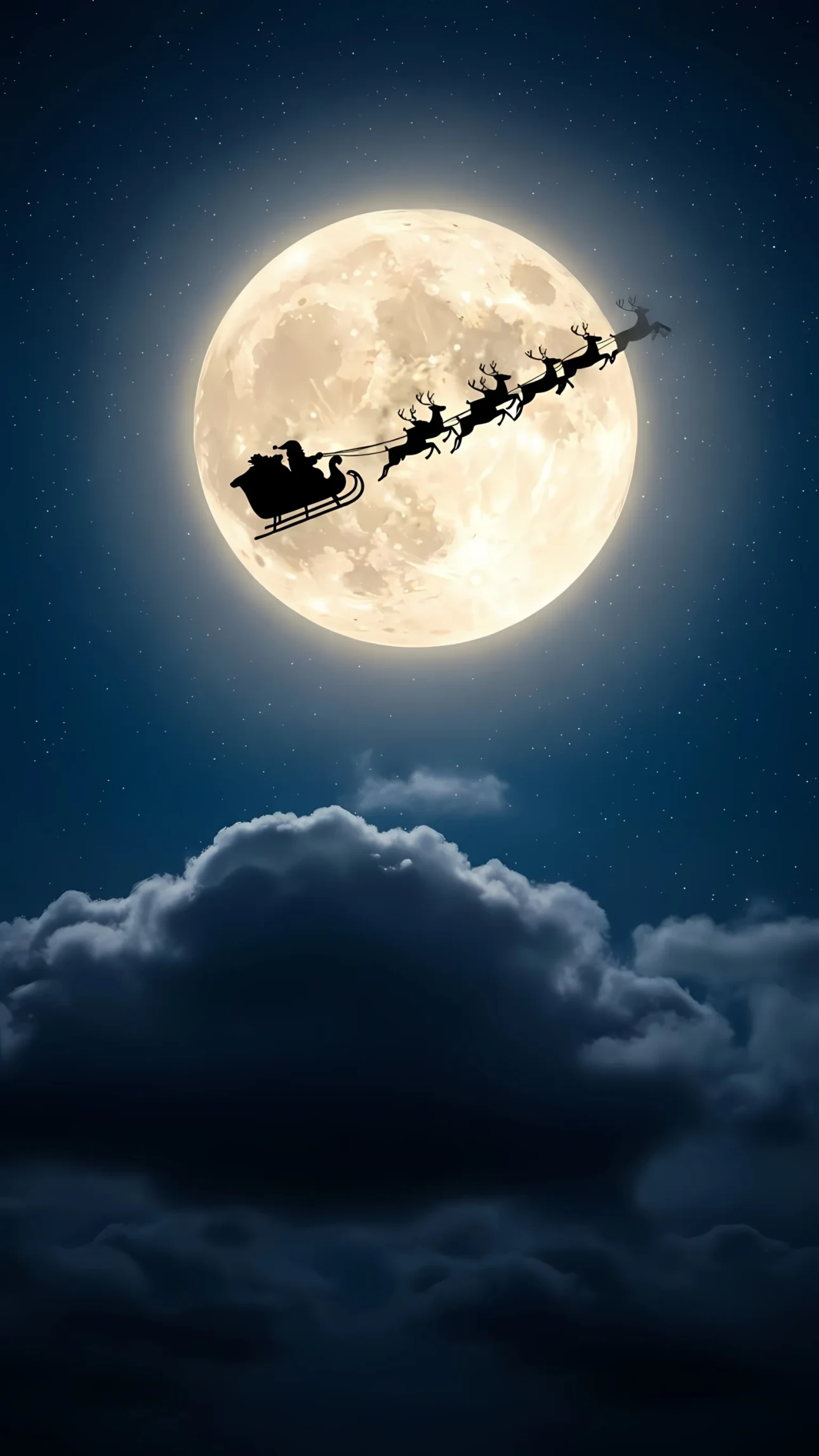 Elevate your holiday designs with this silhouette of Santa's sleigh and reindeer against a full moon. Perfect for festive season projects, ready for instant commercial use.