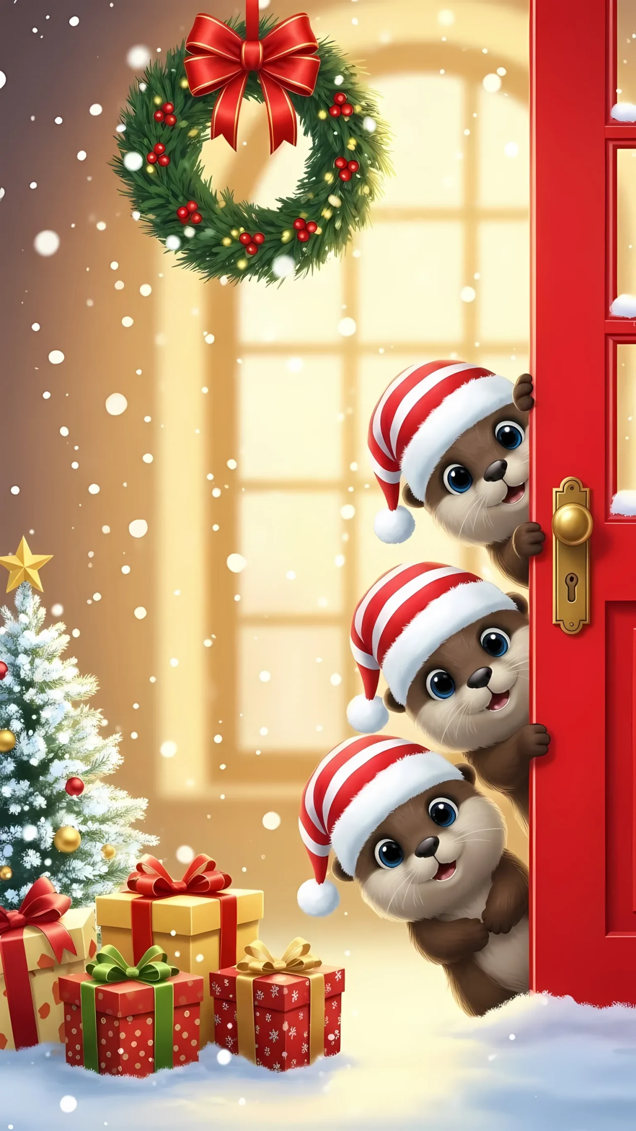 Elevate your holiday designs with this adorable otter illustration featuring festive Santa hats and a charming Christmas scene. Perfect for seasonal greeting cards.