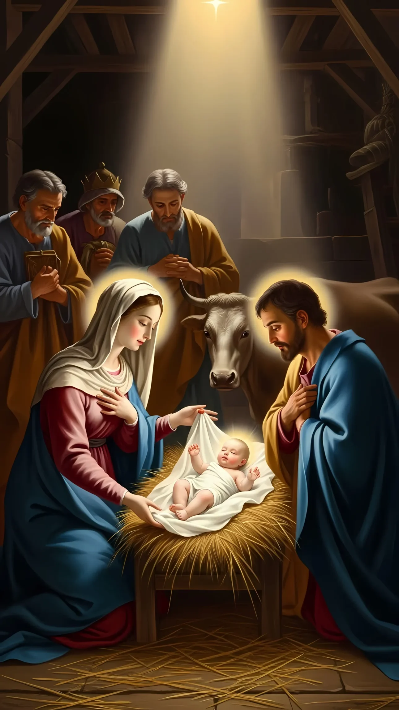 Celebrate the timeless Nativity scene with this premium illustration, depicting Mary, Joseph, and baby Jesus. Perfect for holiday cards and religious designs.