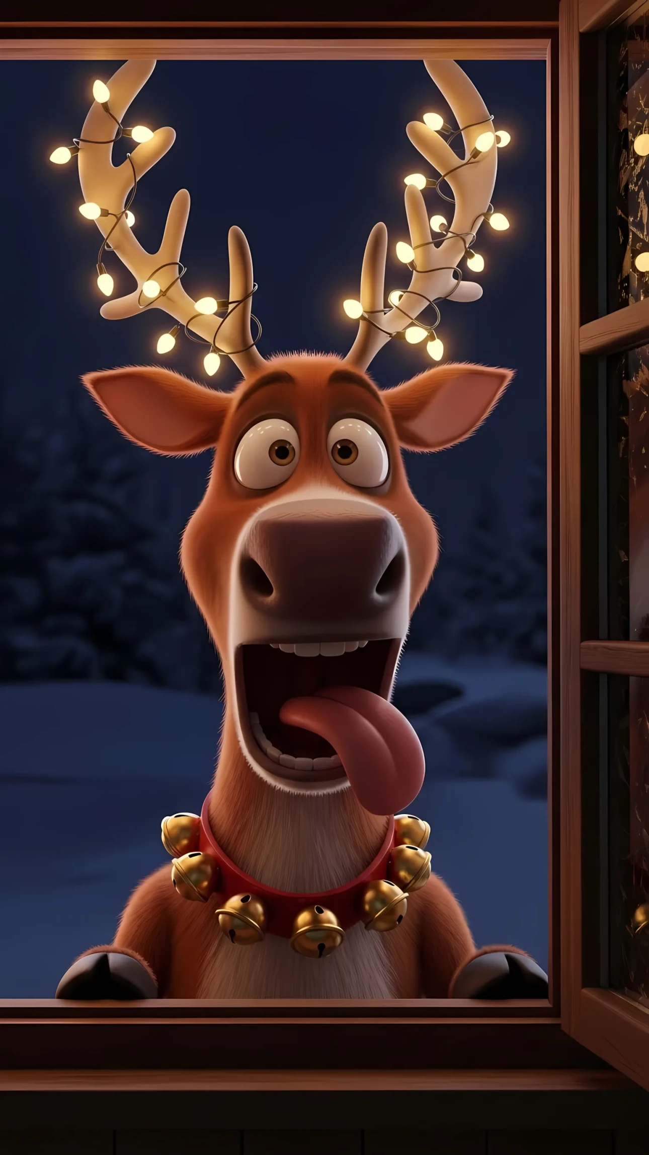 Elevate your holiday designs with this cartoon reindeer illustration featuring festive lights and bells. Perfect for adding whimsical charm to your seasonal projects.