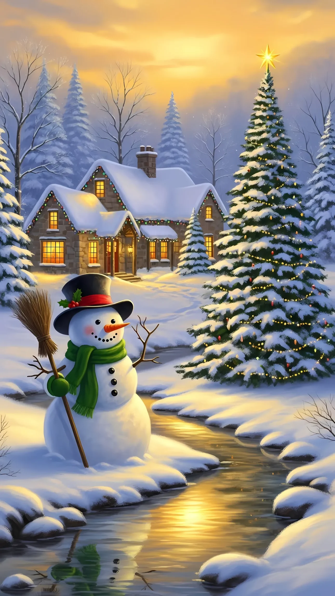 Enhance your holiday designs with this charming snowman illustration featuring a cozy cottage and decorated Christmas tree. Perfect for seasonal greeting cards.