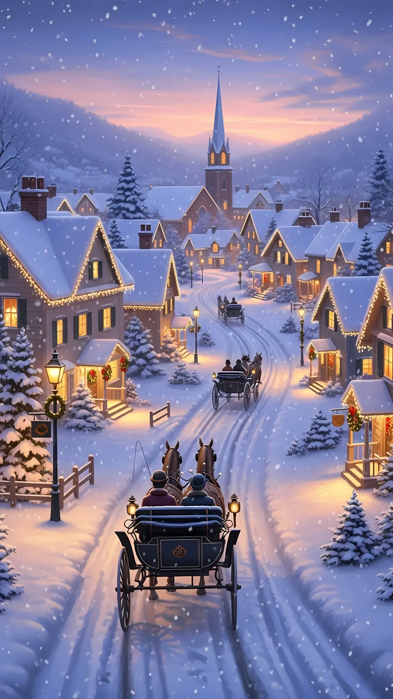 Evoke holiday cheer with this enchanting winter village scene featuring horse-drawn carriages. Ideal for seasonal cards and festive designs, instantly elevate your project.