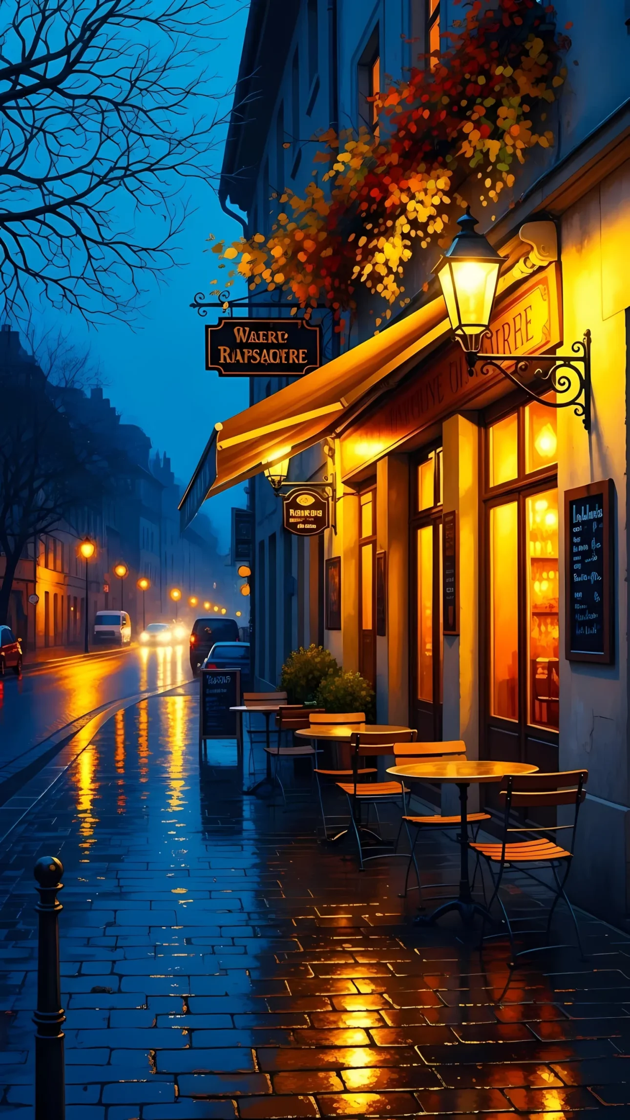 Evoke the charm of a European cafe with this atmospheric image, perfect for setting a sophisticated and inviting mood. Ideal for upscale restaurant branding.
