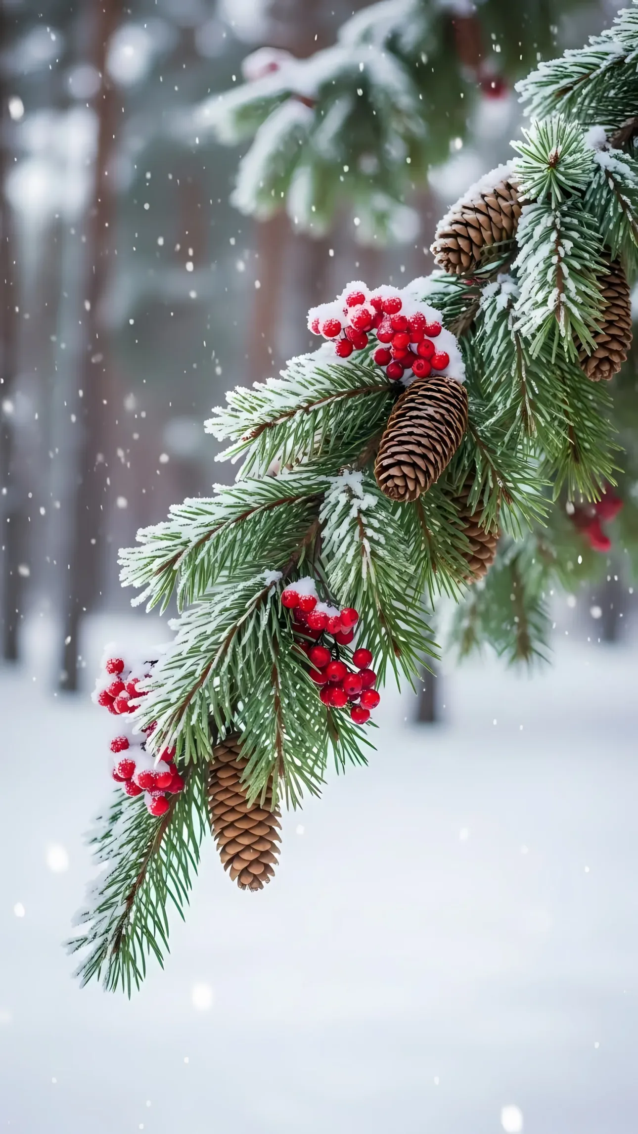 Elevate your designs with this snowy pine branch featuring red berries and cones. Perfect for winter holiday themes and seasonal marketing campaigns.