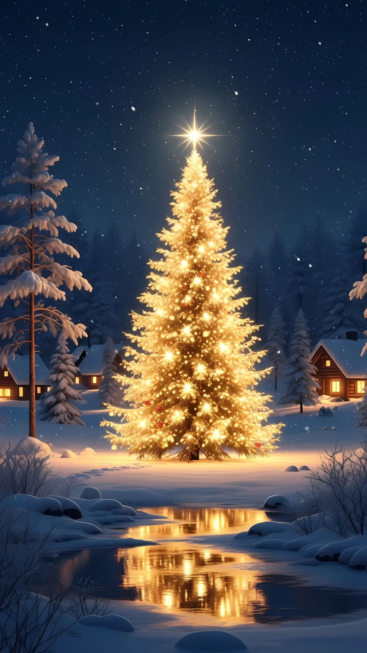 Elevate your holiday designs with this serene winter scene featuring a radiant Christmas tree. Perfect for creating heartwarming seasonal content and festive campaigns.