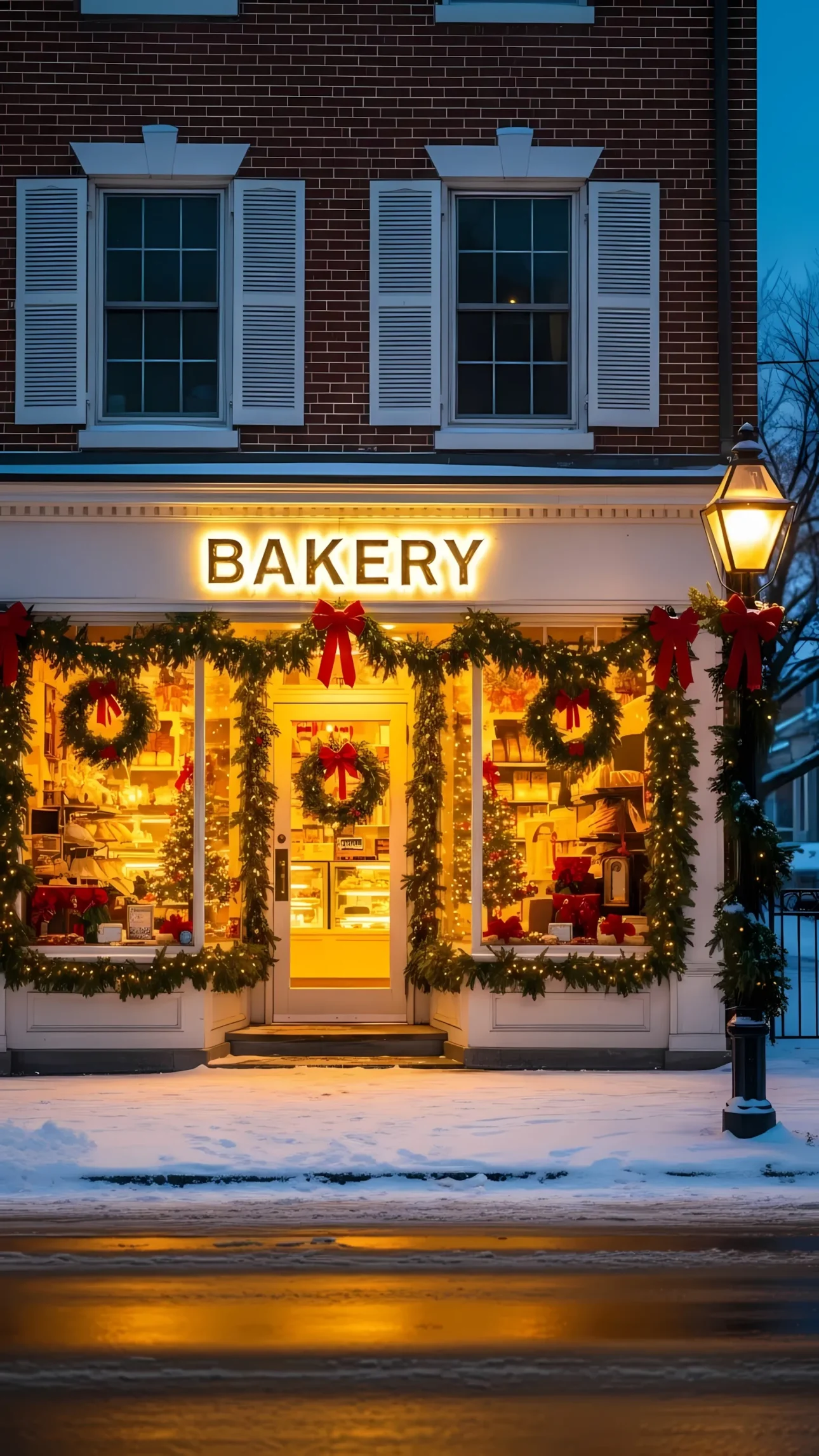 Showcase your brand with this charming bakery exterior, featuring festive holiday decorations. Perfect for seasonal promotions and local business advertising.