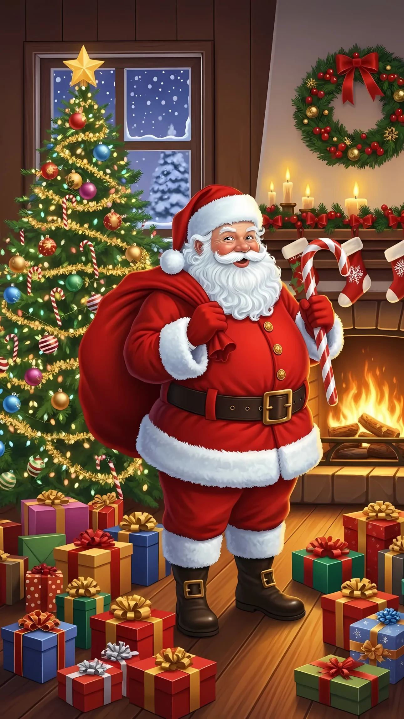 Capture the warmth of Christmas with this illustration featuring Santa Claus and gifts. Enhance your holiday projects with this premium design asset, perfect for festive campaigns.