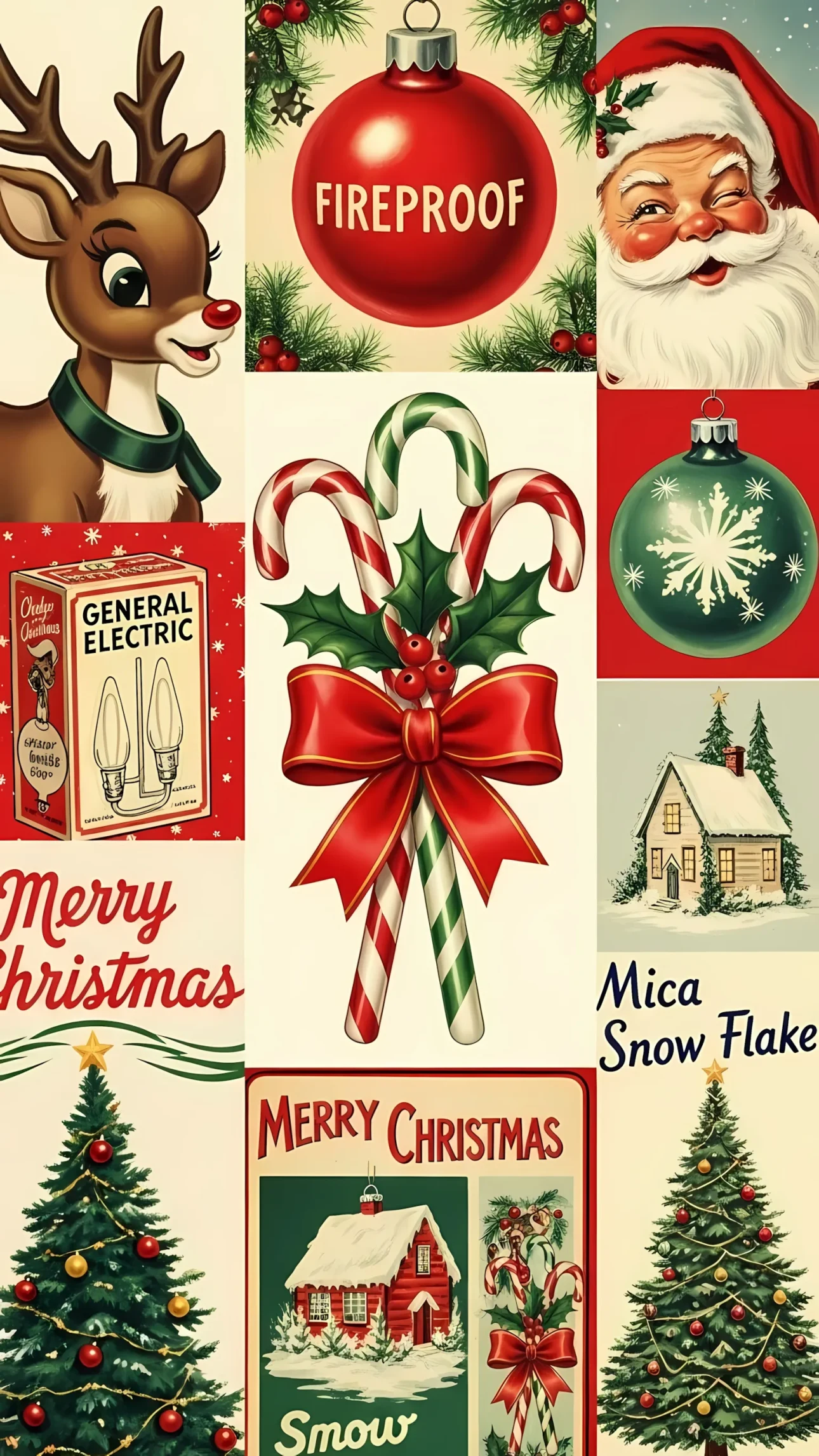 Elevate your holiday designs with this vintage Christmas collage, featuring classic characters and festive ornaments. Perfect for nostalgic seasonal projects.