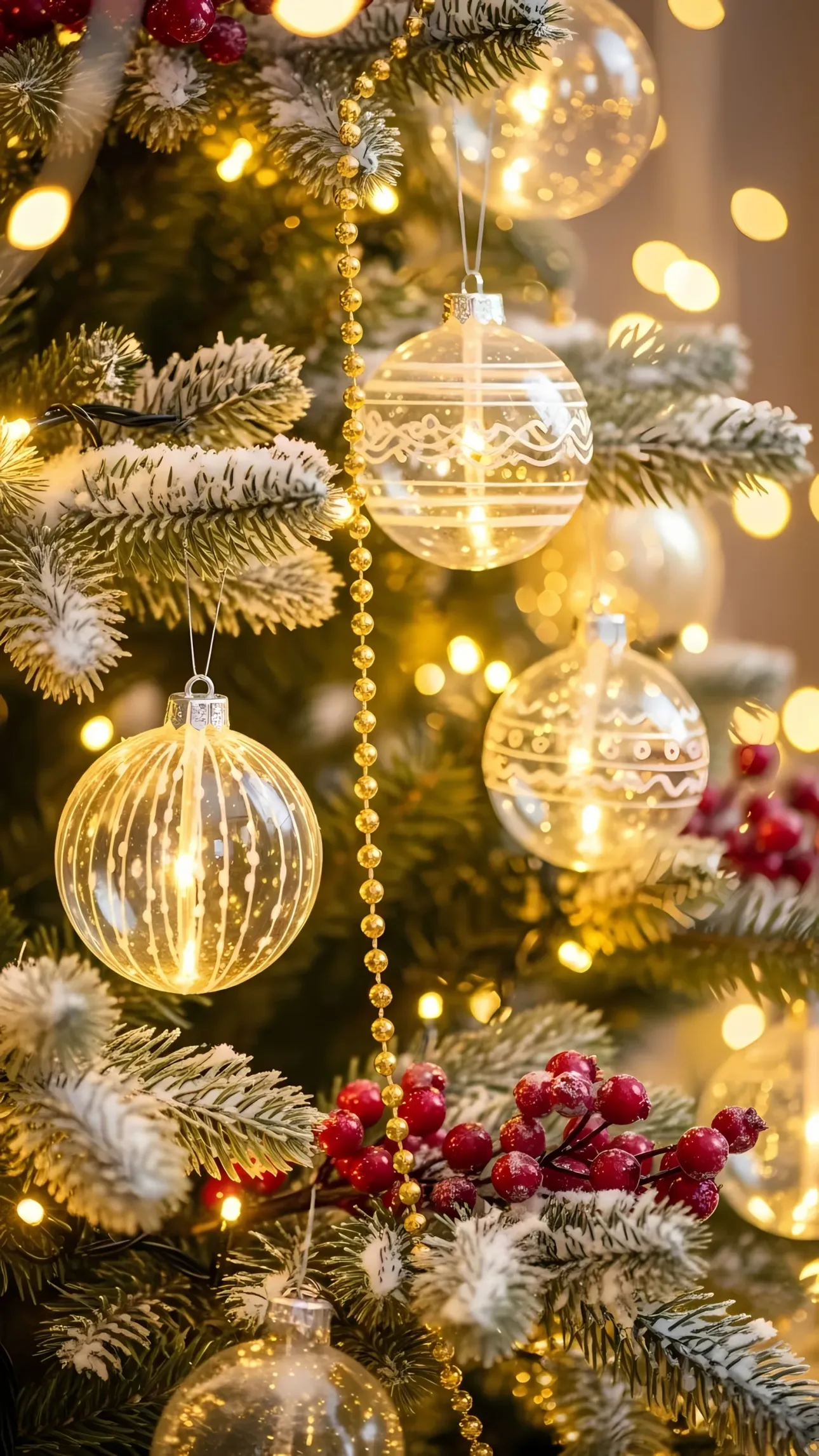Elevate your holiday designs with this image of a Christmas tree featuring clear ornaments and gold garland. Perfect for seasonal marketing and festive designs.