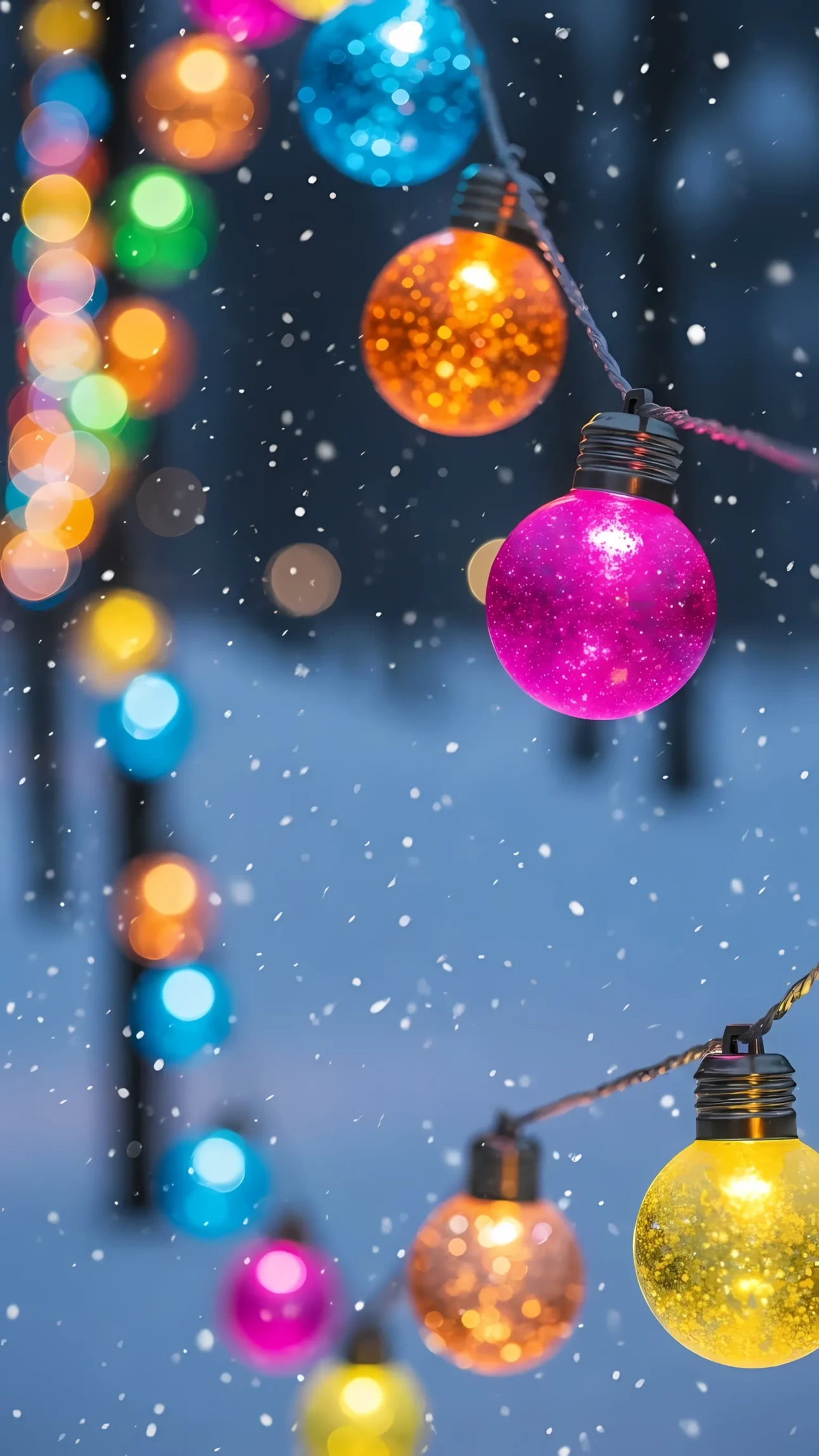Elevate your holiday designs with this vibrant string light image featuring falling snow. Perfect for festive marketing materials and winter-themed projects.
