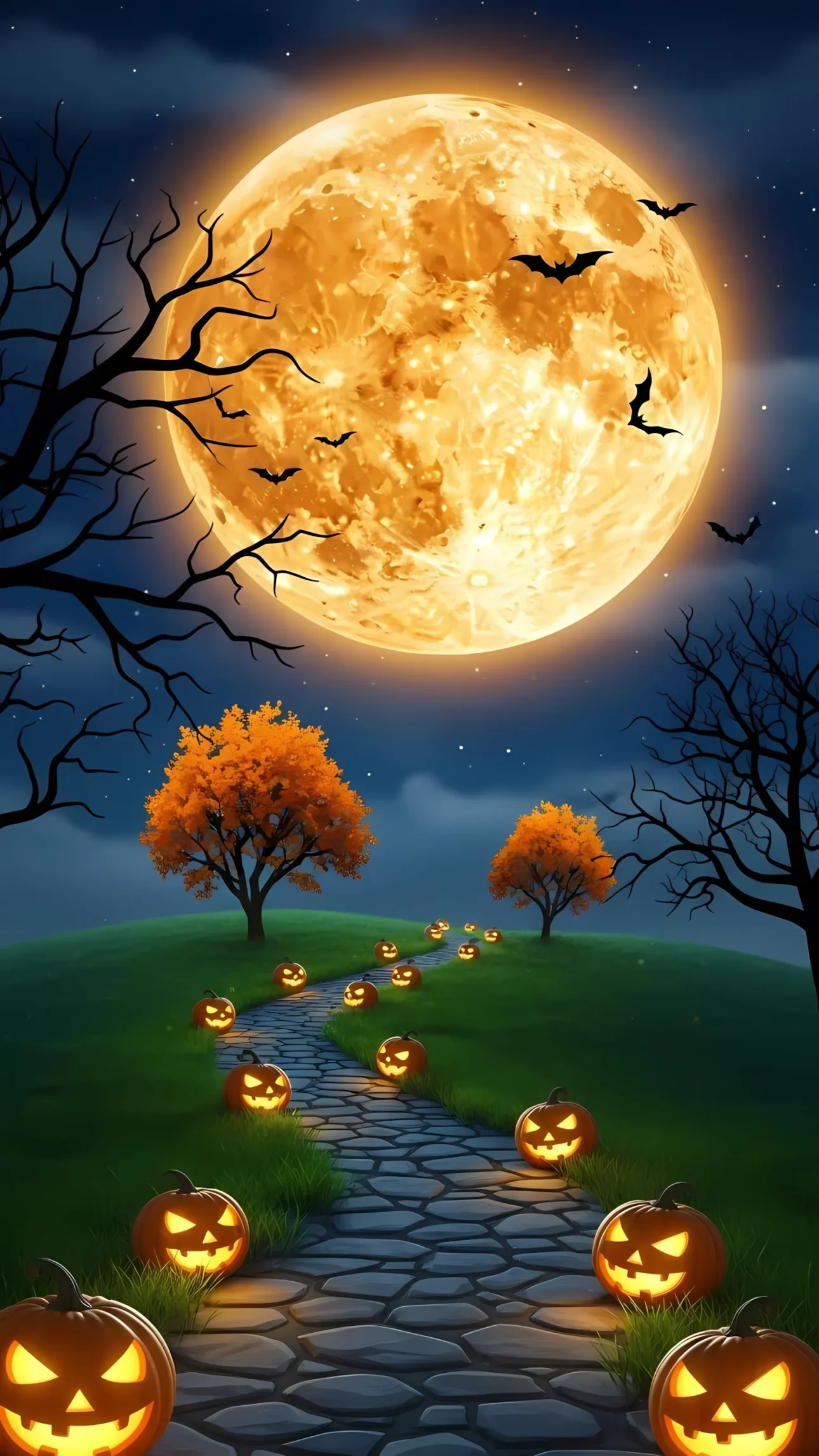 Elevate your Halloween designs with this spooky illustration featuring glowing pumpkins and bats under a full moon. Perfect for seasonal campaigns.