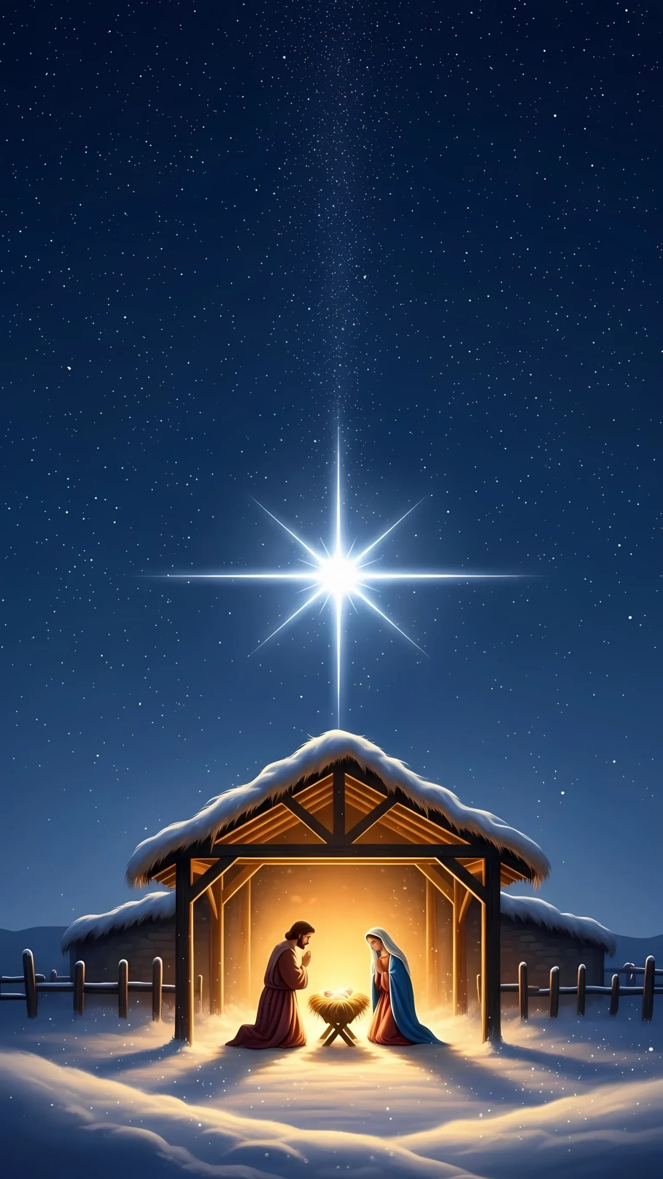 Evoke the spirit of Christmas with this serene Nativity scene. Perfect for holiday cards, church bulletins, and seasonal designs. Ready for instant use.