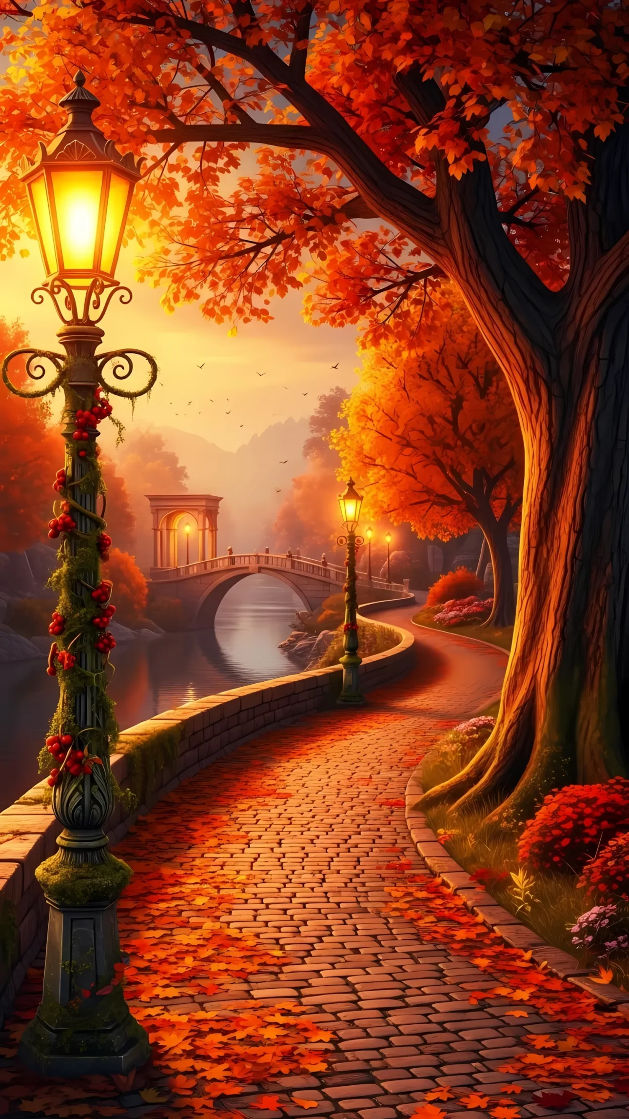 Elevate your designs with this scenic autumn park illustration featuring a stone bridge and glowing lanterns. Perfect for seasonal campaigns and landscape designs.